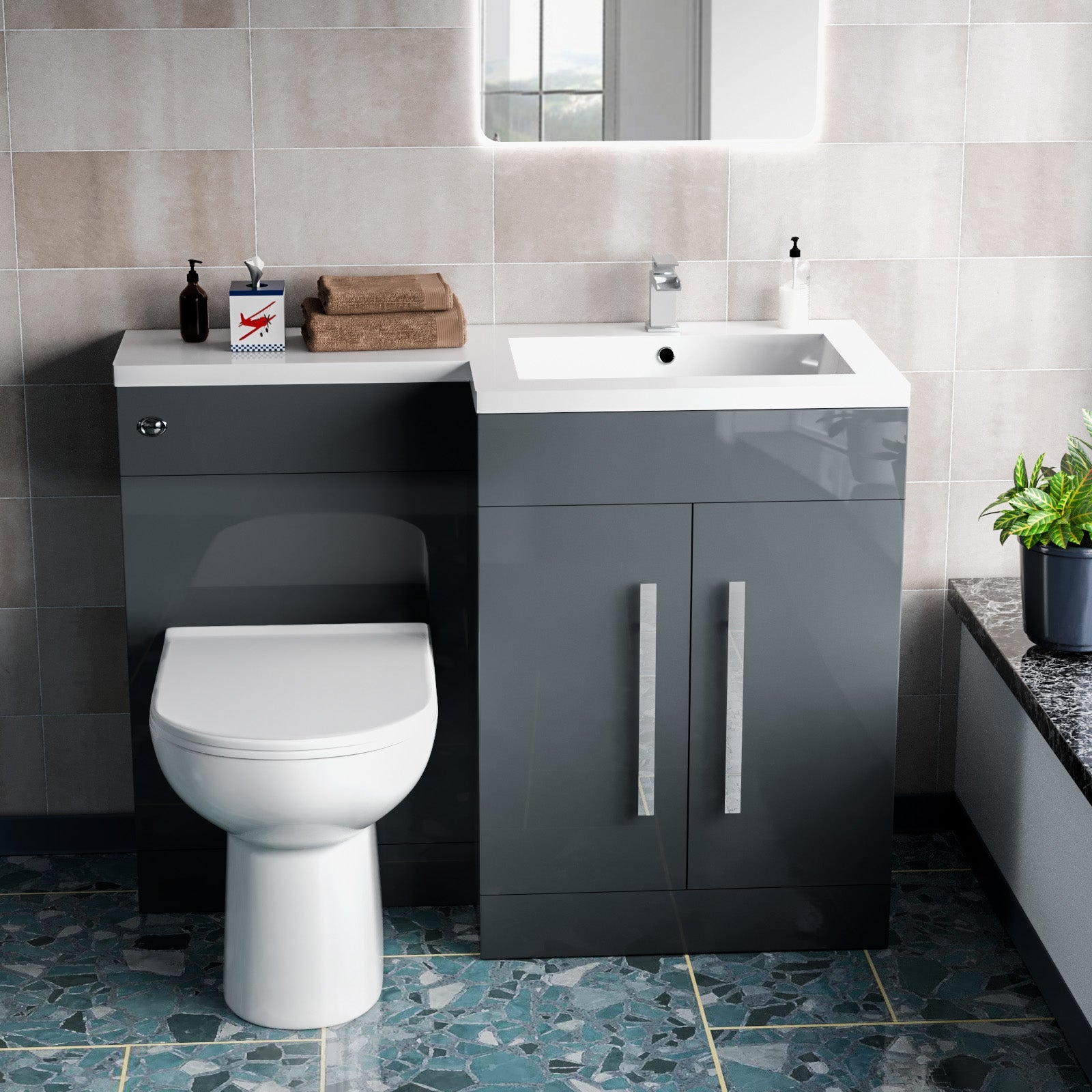 Aric 1100mm RH Freestanding Grey Vanity with BTW Toilet, WC & Basin