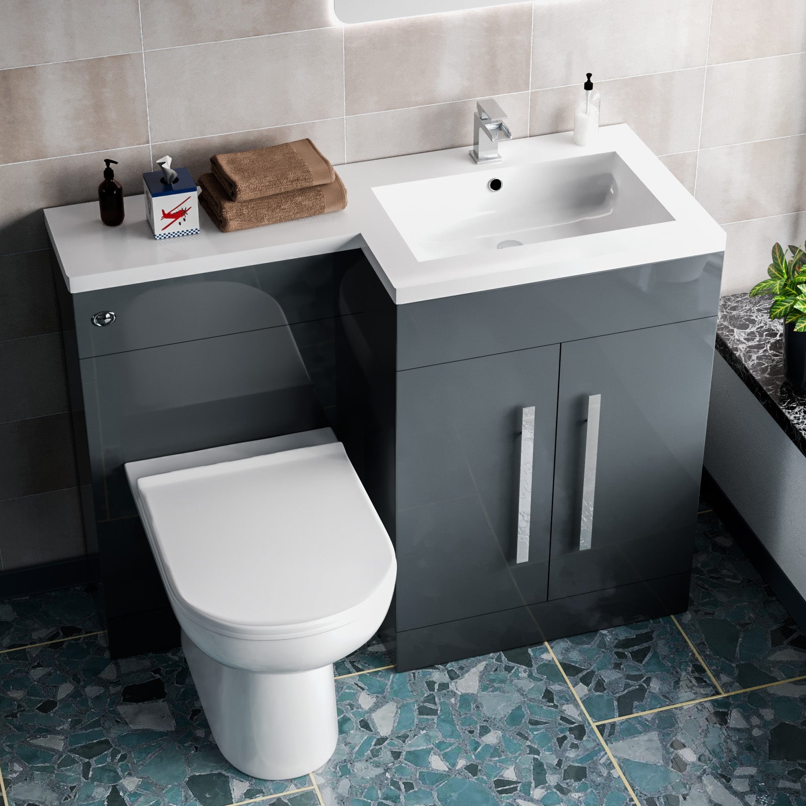 Aric 1100mm RH Freestanding Grey Vanity with BTW Toilet, WC & Basin