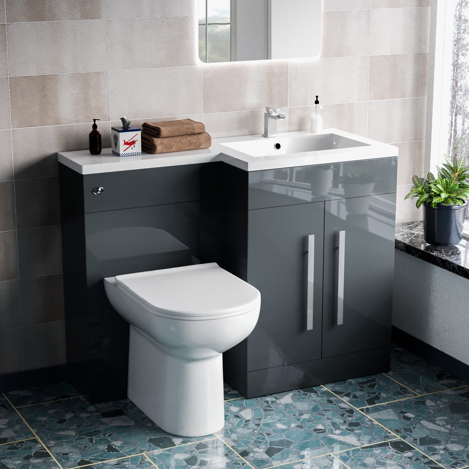 Aric 1100mm RH Freestanding Grey Vanity with BTW Toilet, WC & Basin