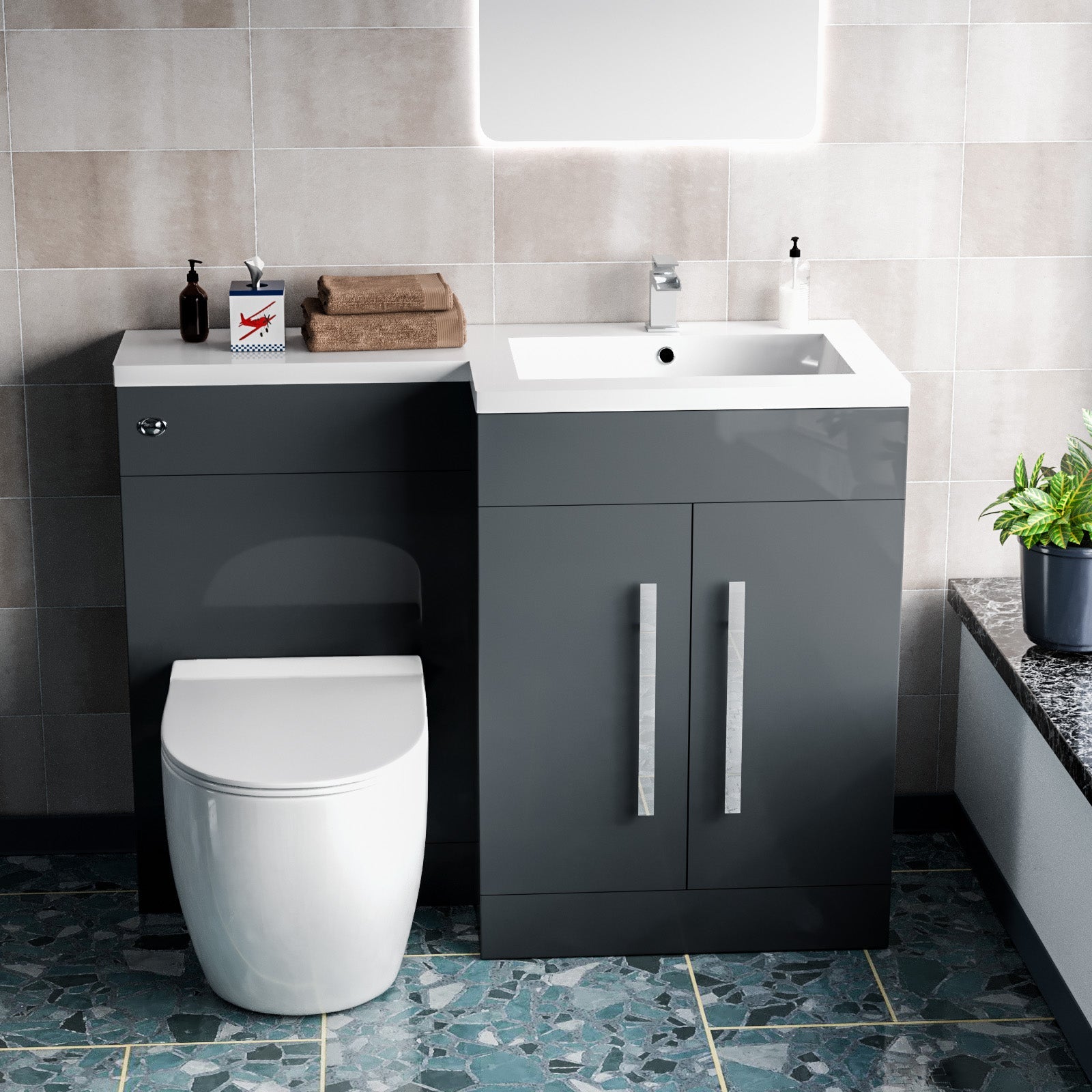 Aric 1100mm Right Hand Side Freestanding Grey Vanity with BTW Toilet, WC and Basin