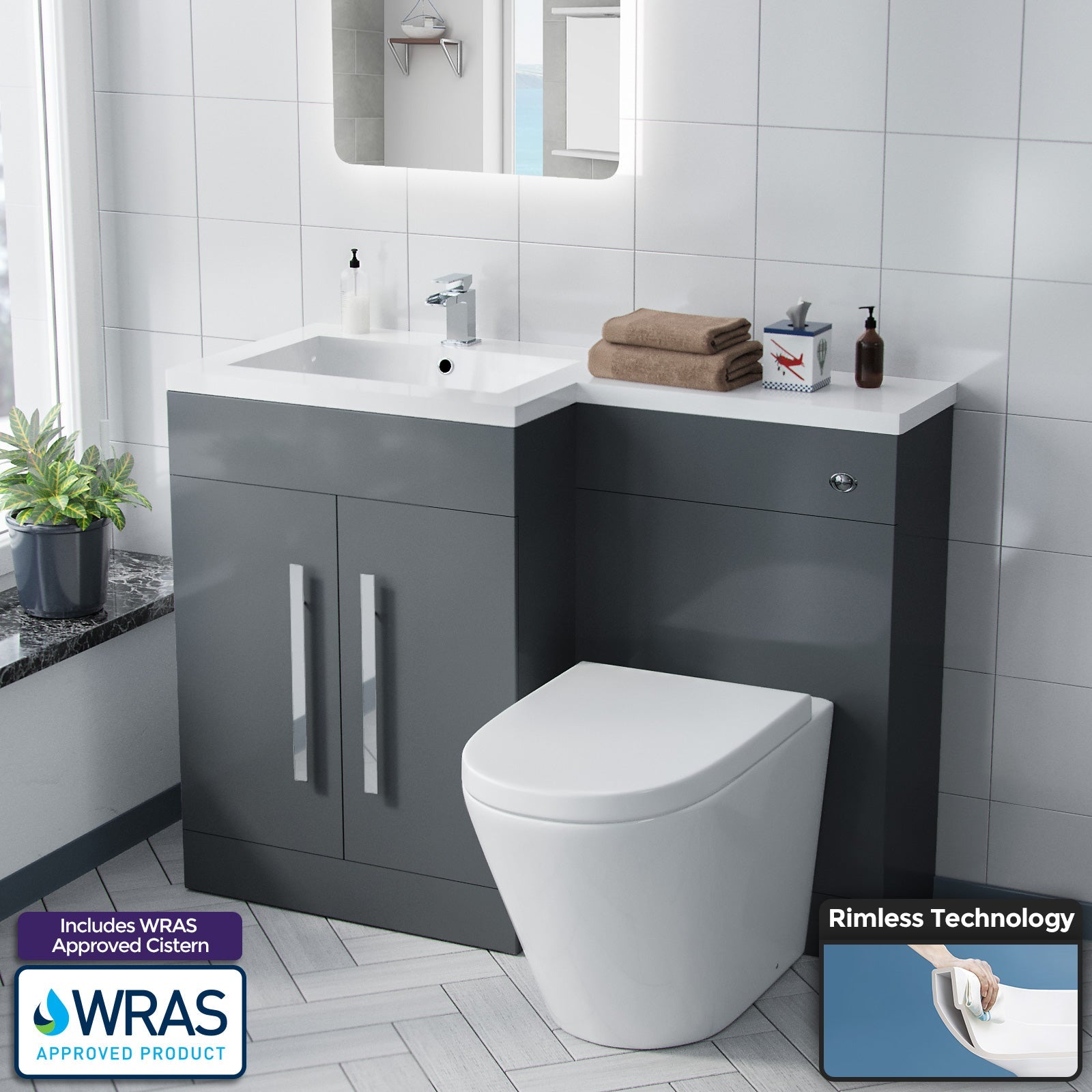 Aric 1100mm Vanity Basin Unit, WC Unit & Ellis PP Back To Wall Toilet Grey