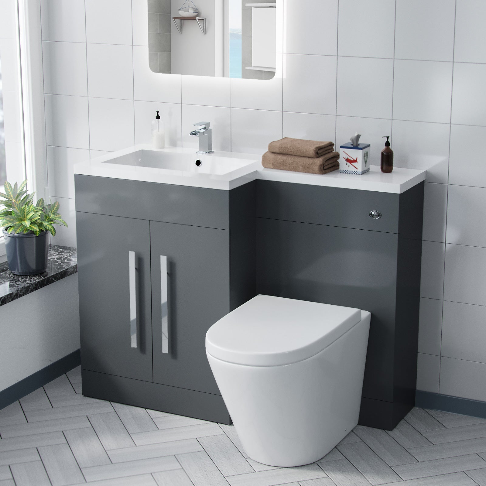 Aric 1100mm Vanity Basin Unit, WC Unit & Ellis PP Back To Wall Toilet Grey