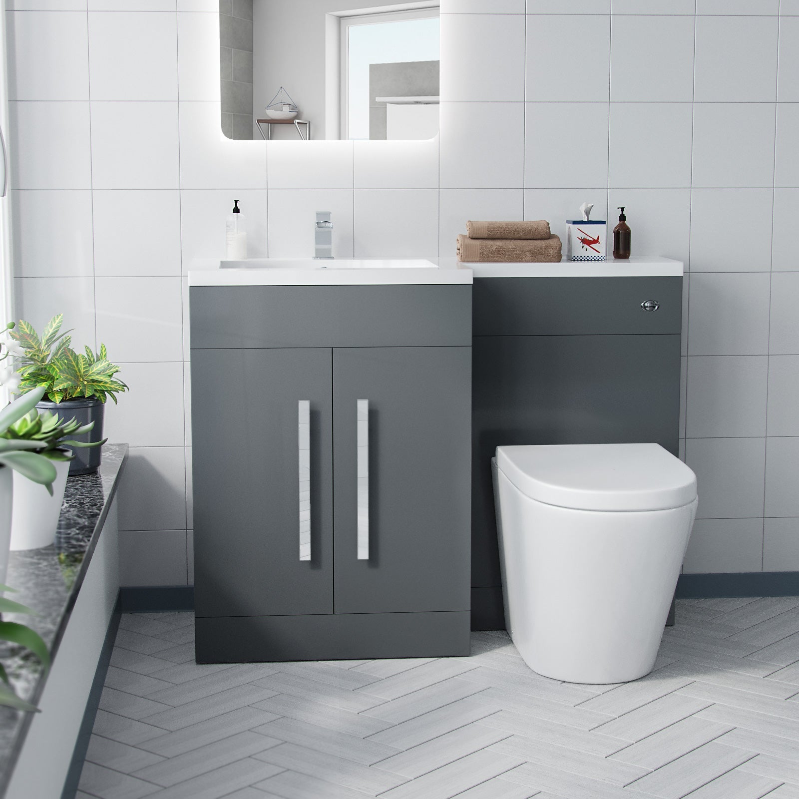 Aric 1100mm Vanity Basin Unit, WC Unit & Ellis PP Back To Wall Toilet Grey