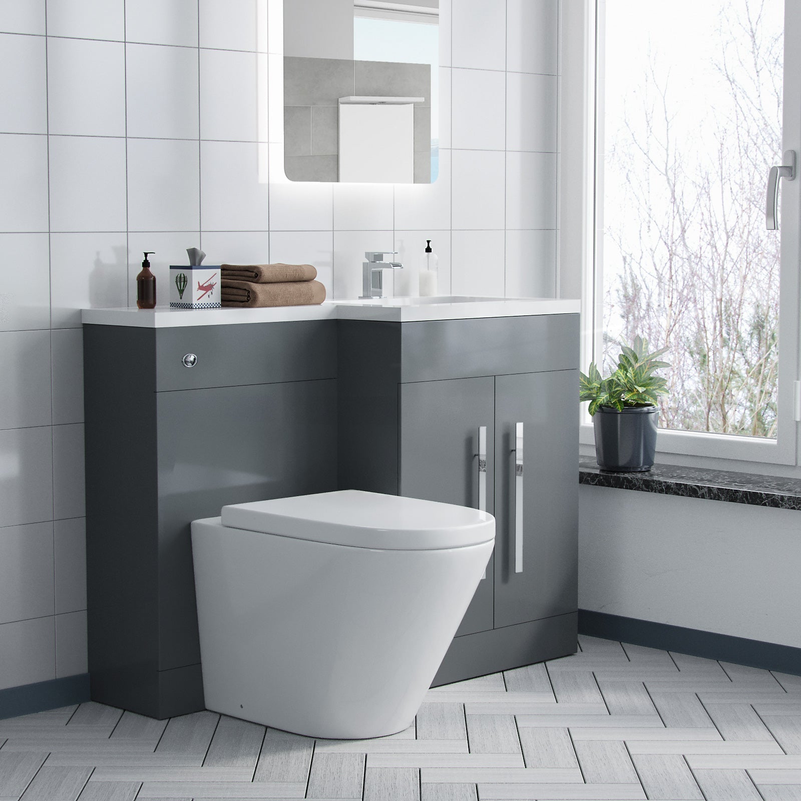 Aric 1100mm Vanity Basin Unit, WC Unit & Ellis PP Back To Wall Toilet Grey