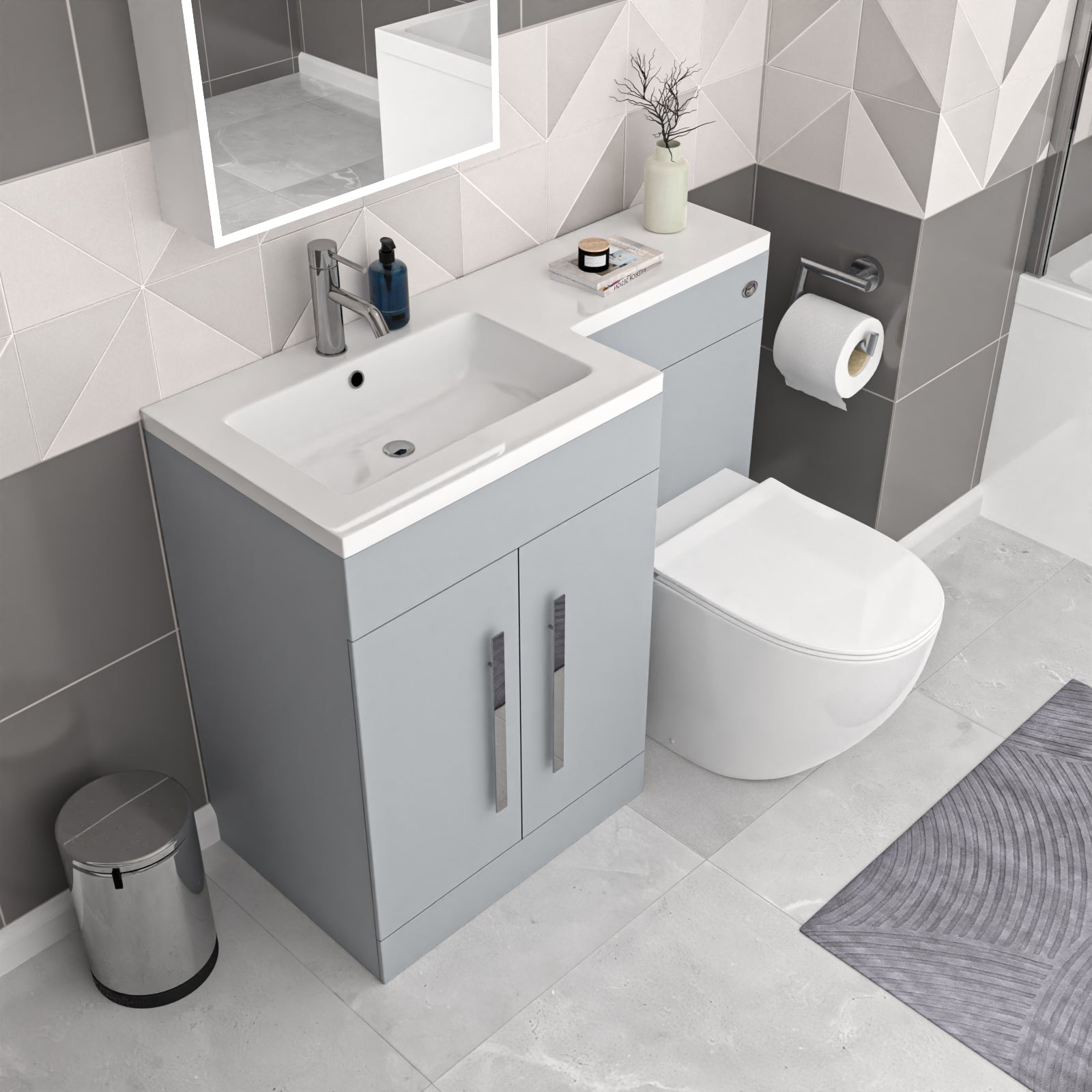 Aric Matte Grey 1100mm LH Basin Vanity Cabinet & BTW Modern Curved Toilet Flat Pack