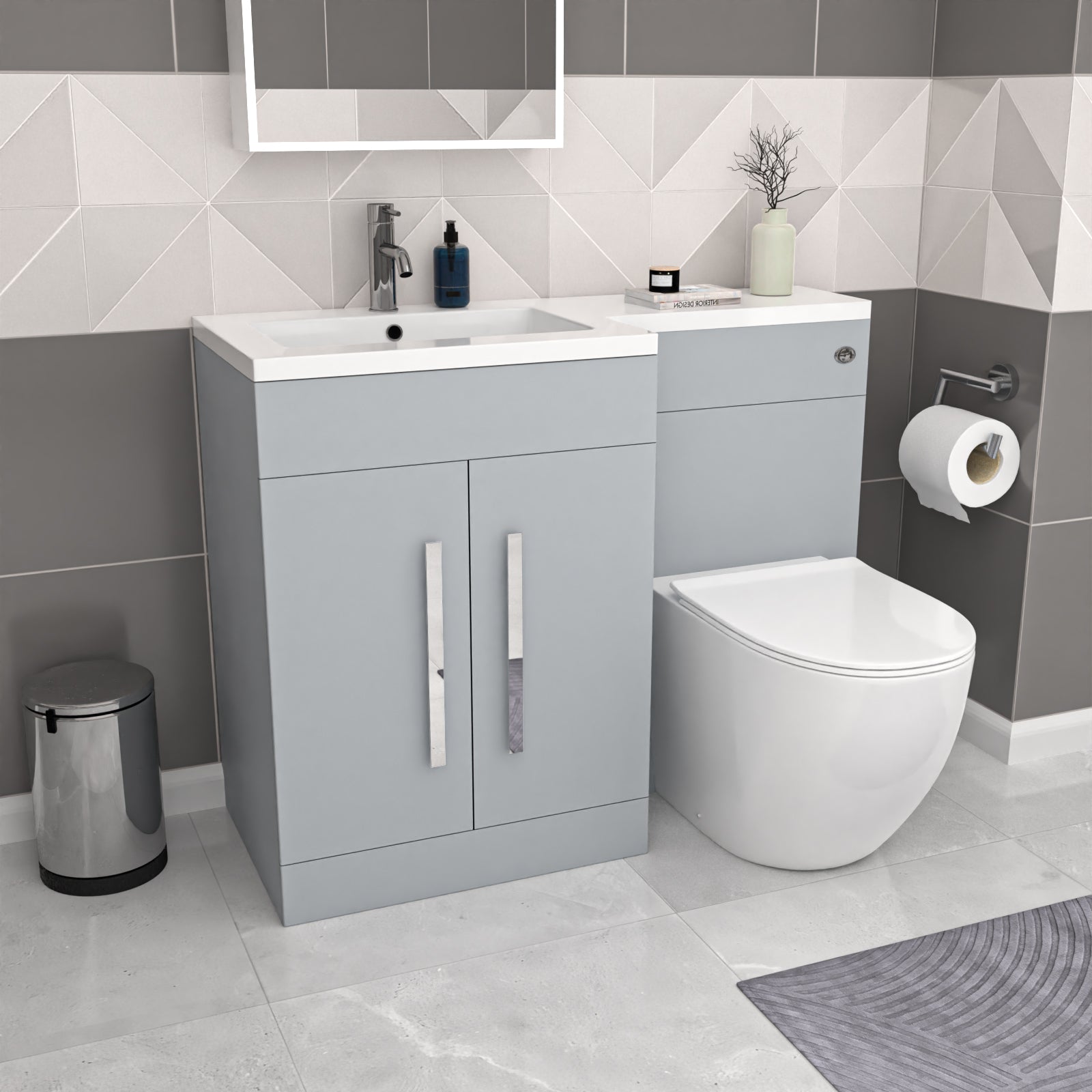 Aric Matte Grey 1100mm LH Basin Vanity Cabinet & BTW Modern Curved Toilet