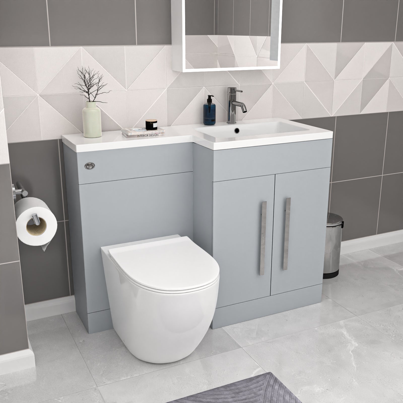 Aric Matte Grey 1100mm RH Basin Vanity Cabinet & BTW Modern Curved Toilet Flat Pack