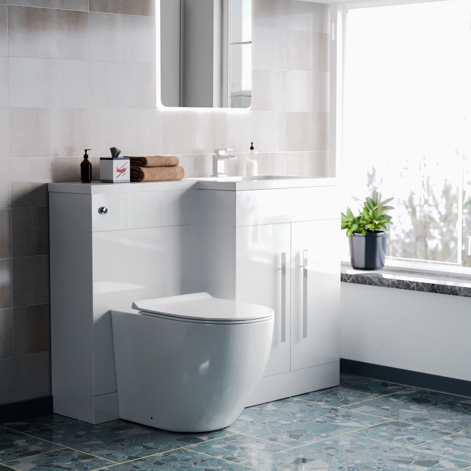 Aric White Flat Pack Right Hand Vanity Basin Unit, Rimless Back To Wall Toilet, WC Unit