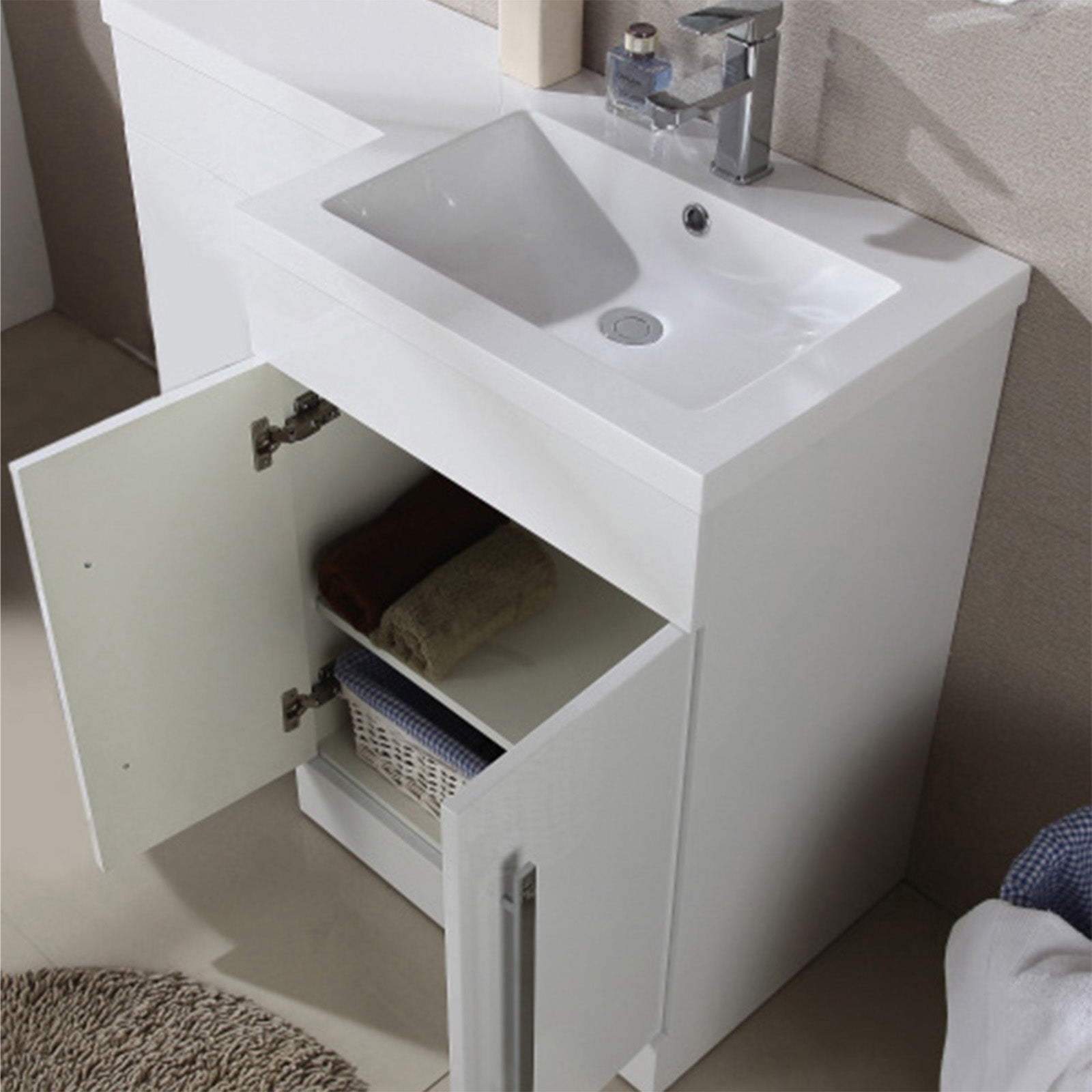 Aric White Flat Pack Right Hand Vanity Basin Unit, Rimless Back To Wall Toilet, WC Unit