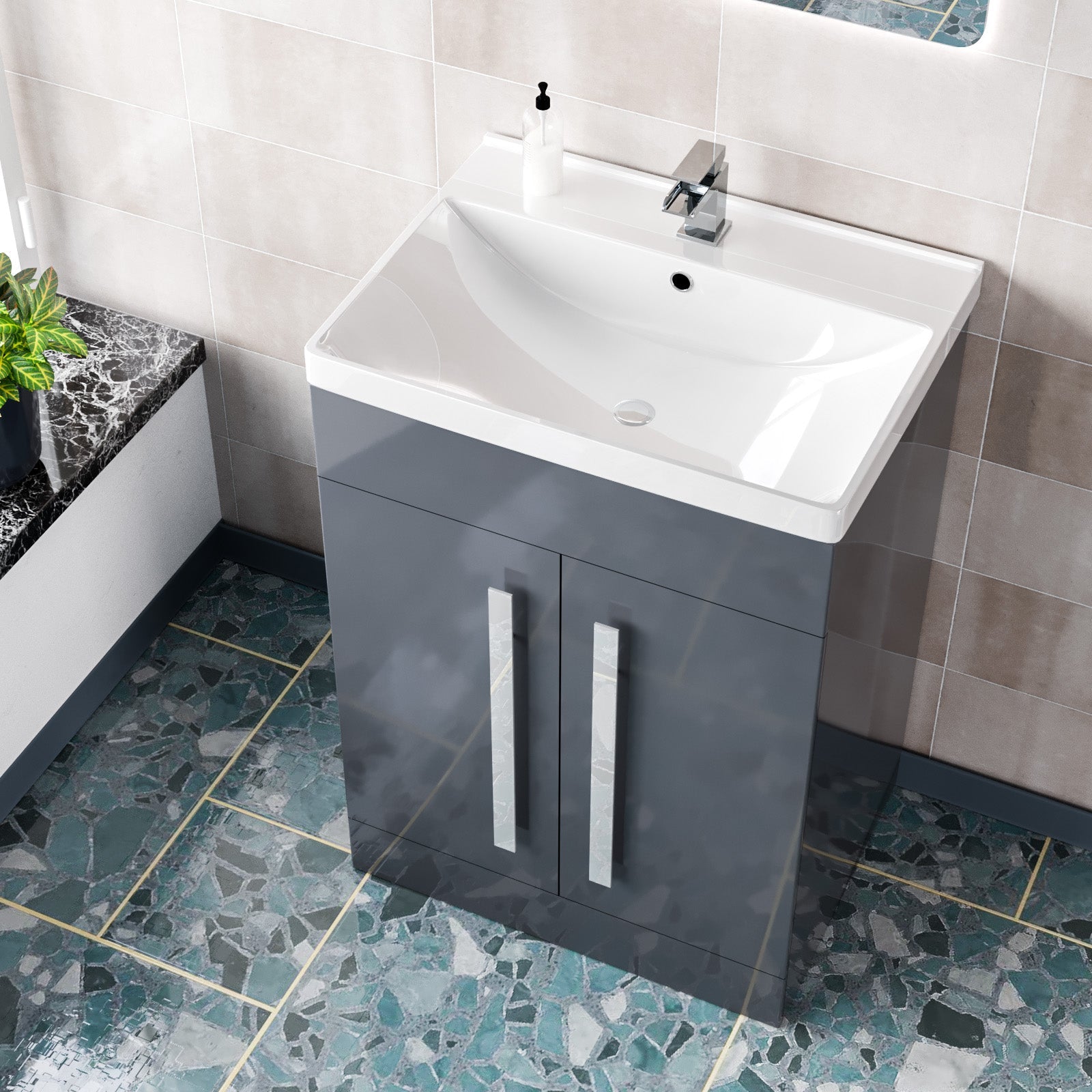 Aric Dark Grey 600mm Gloss Bathroom Basin Sink Cabinet & Ceramic Basin Flat Pack