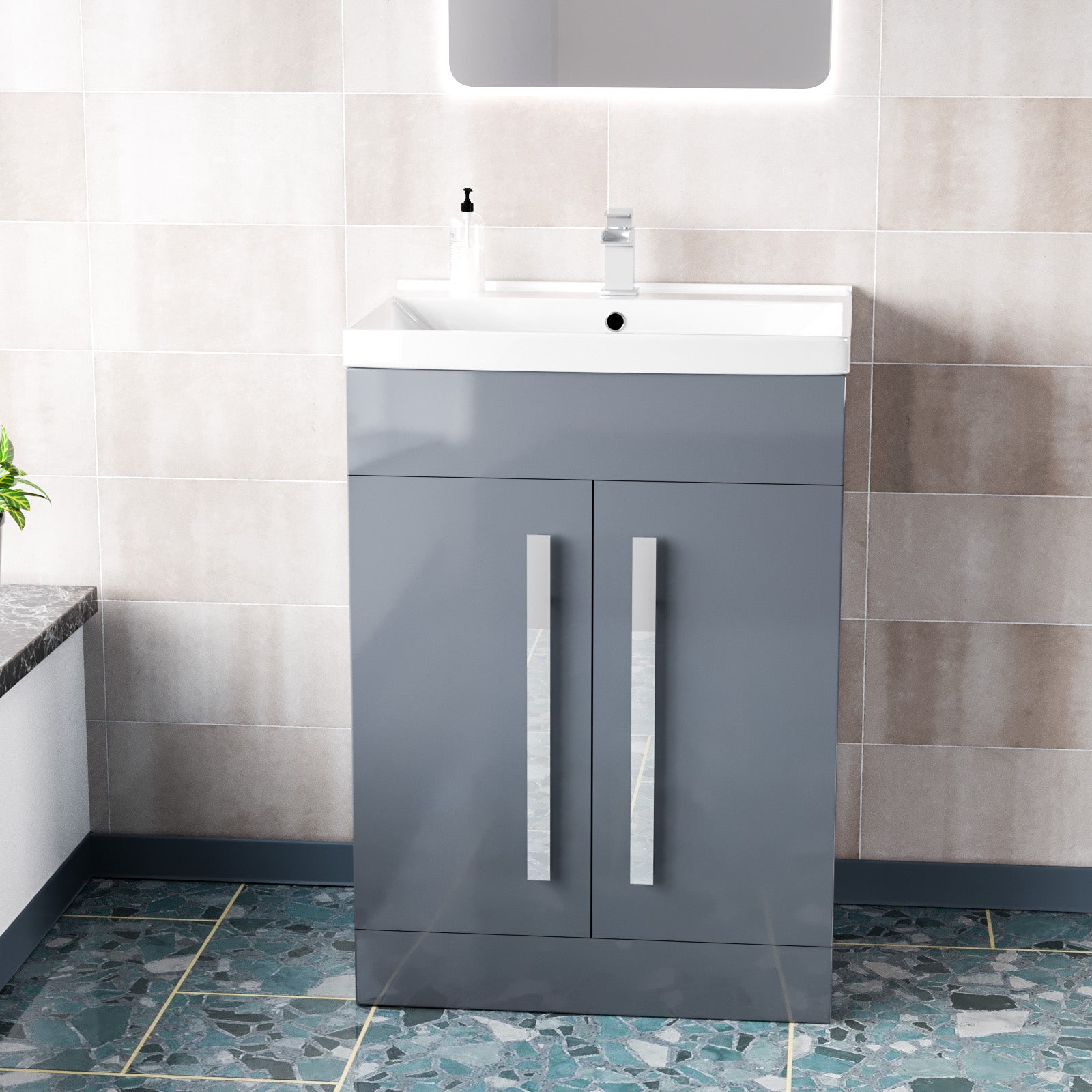 Aric Grey 600mm Gloss Bathroom Basin Sink Cabinet & Ceramic Basin Flat Pack