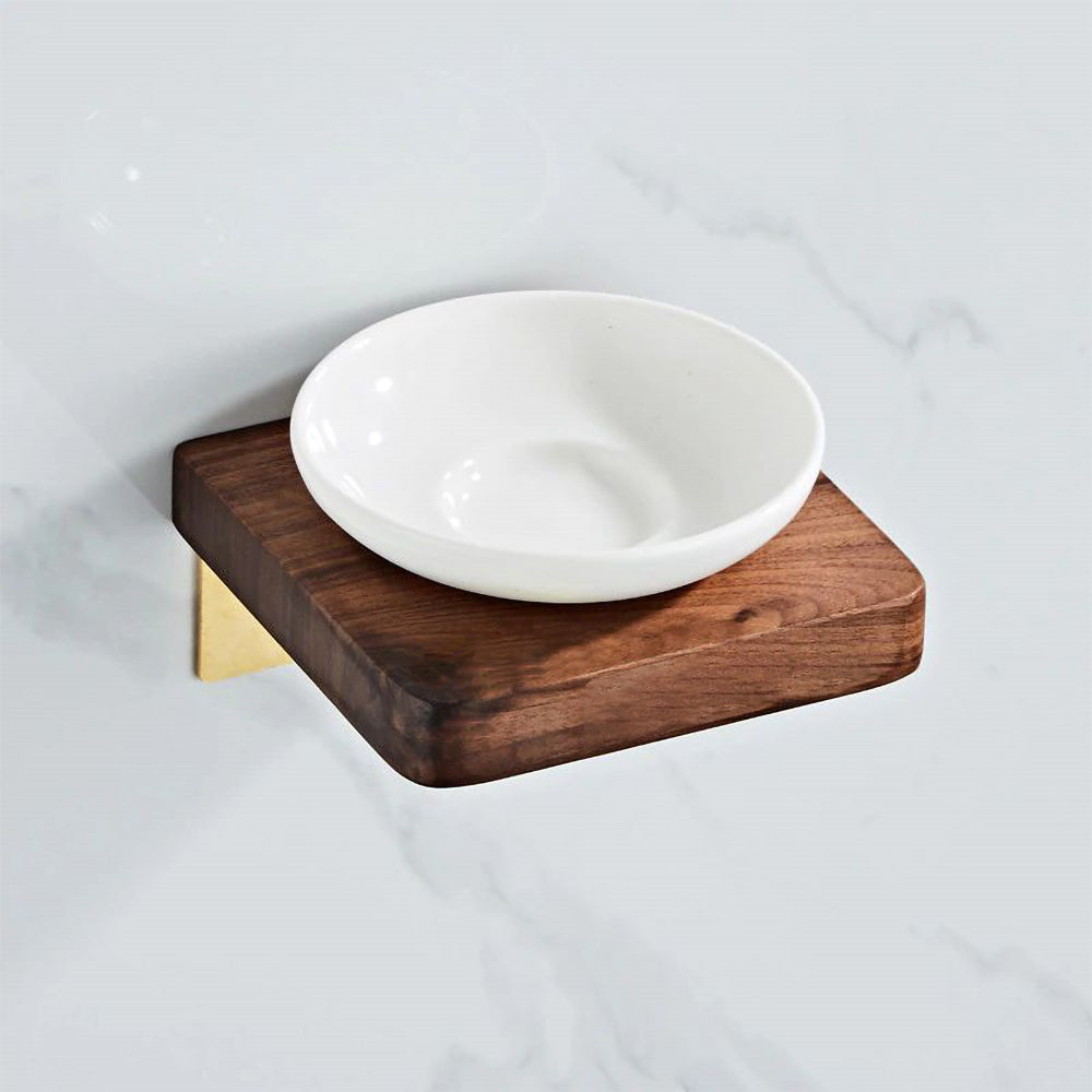 Abloh Luxury Ceramic Soap dish with Shelf Wooden Walnut & Brushed Gold