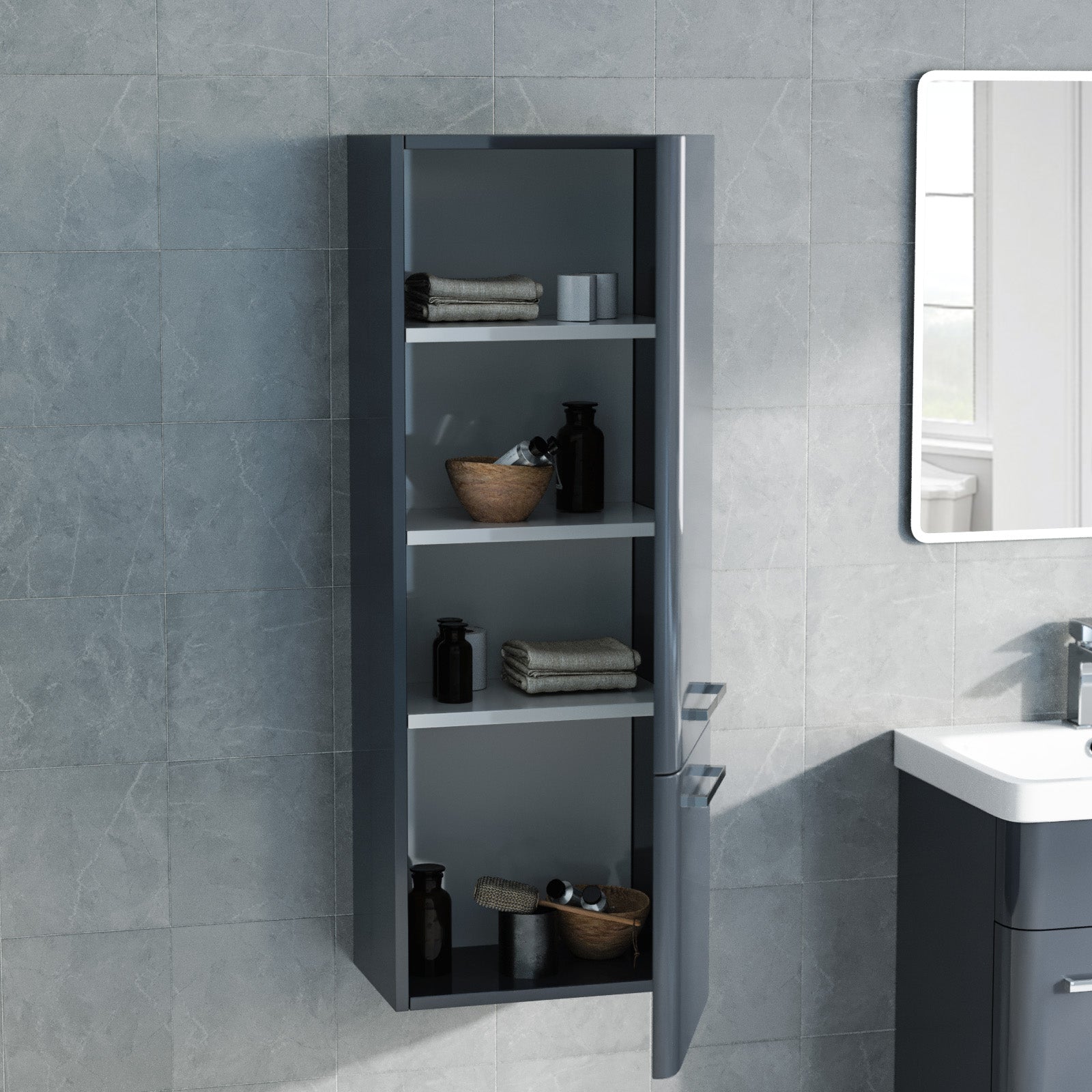 Afern 350mm Dark Grey Wall Hung Tall Storage Cabinet With Adjustable Shelves