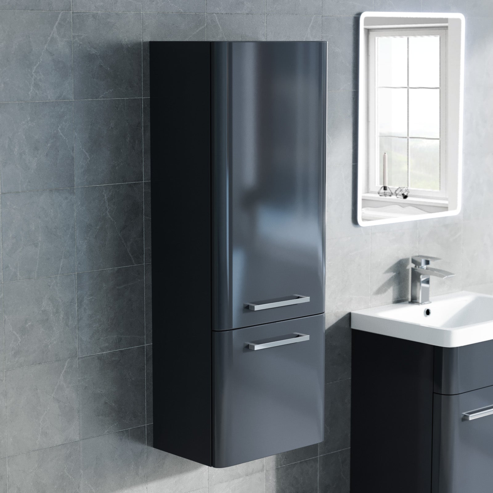 Afern 500mm Freestanding Dark Grey Basin Vanity, 350mm Wall Hung Tall Cabinet
