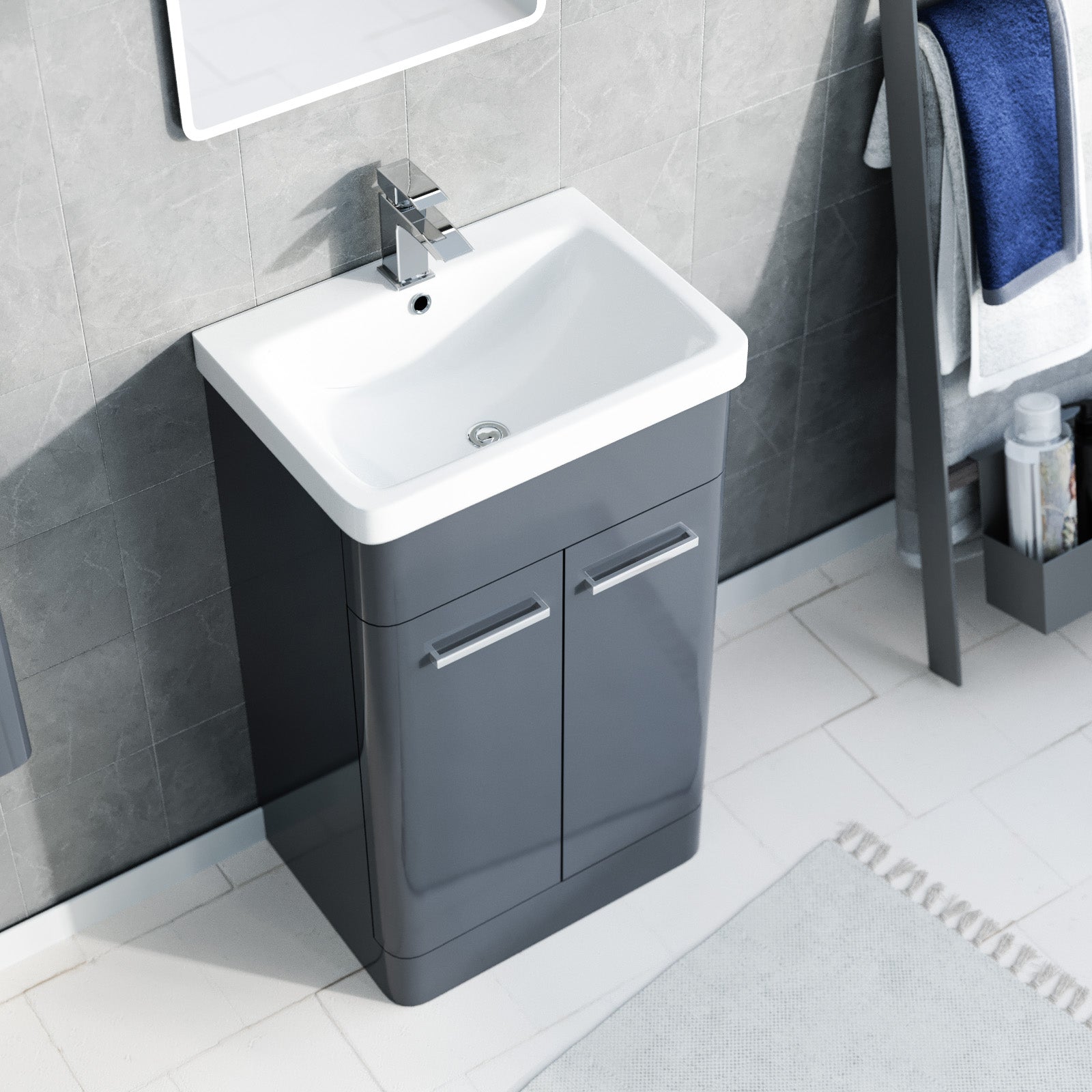Afern 500mm Freestanding Dark Grey Basin Vanity, 350mm Wall Hung Tall Cabinet