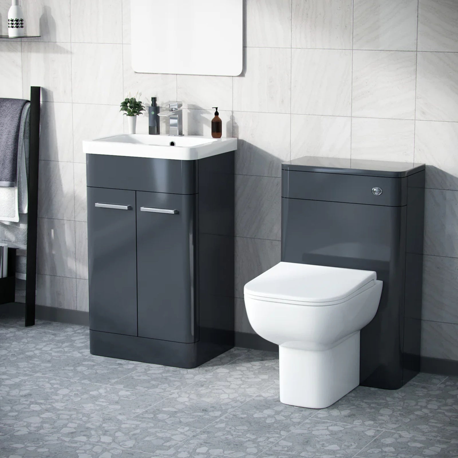Afern 500mm Dark Grey Basin Vanity WC Unit & Rimless Back to Wall Toilet