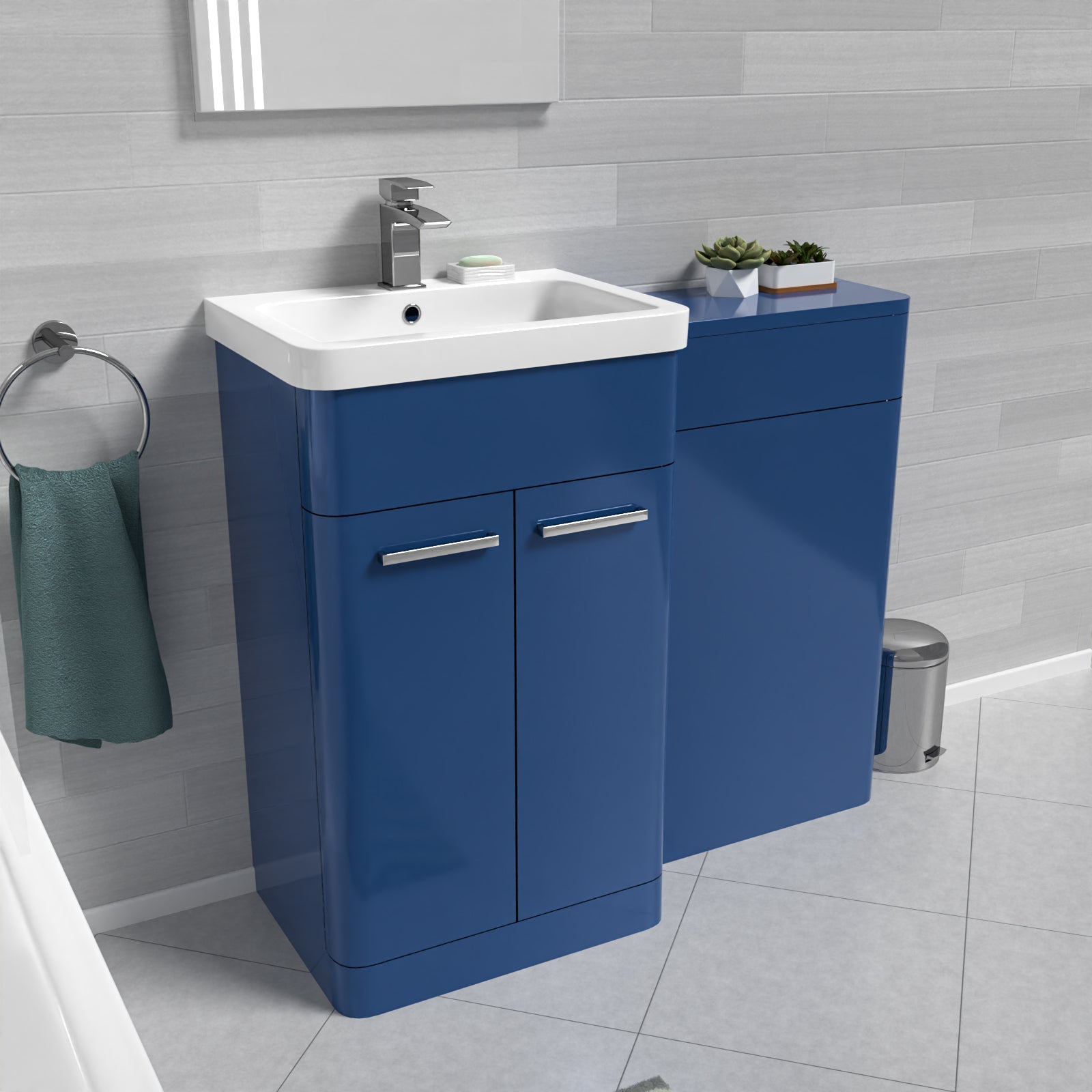 Afern Matt Blue 1000mm Freestanding Cabinet & Ceramic Basin & WC Unit