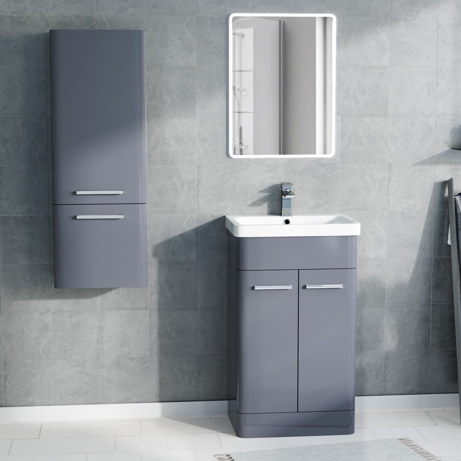Afern 500mm Freestanding Grey Basin Vanity & 350mm Wall Hung Tall Cabinet Set