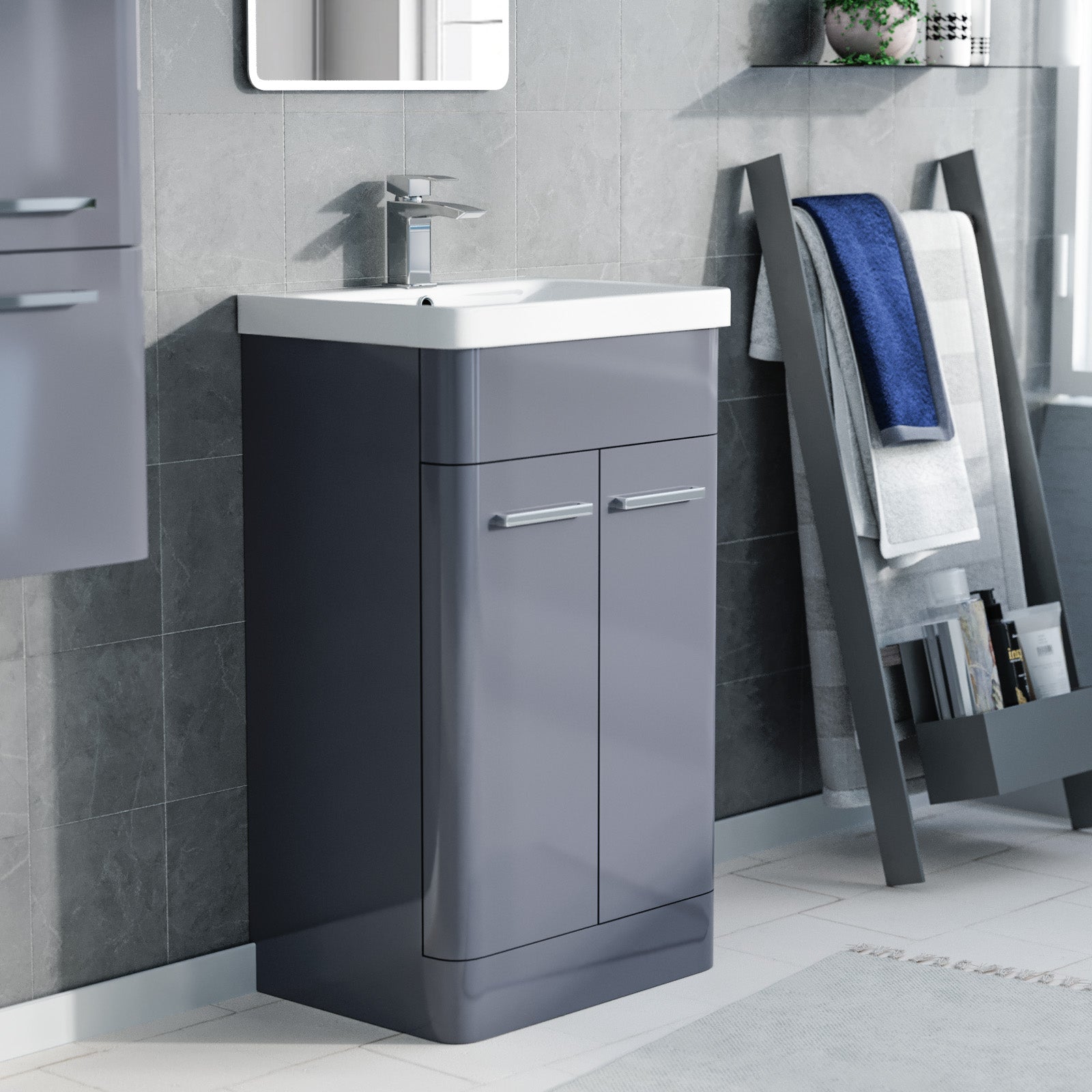 Afern 500mm Freestanding Grey Basin Vanity & 350mm Wall Hung Tall Cabinet Set
