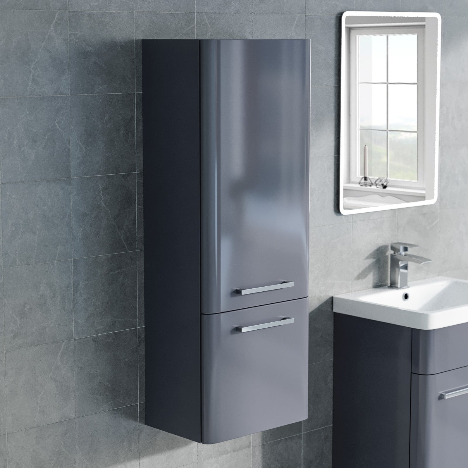 Afern 500mm Freestanding Grey Basin Vanity & 350mm Wall Hung Tall Cabinet Set