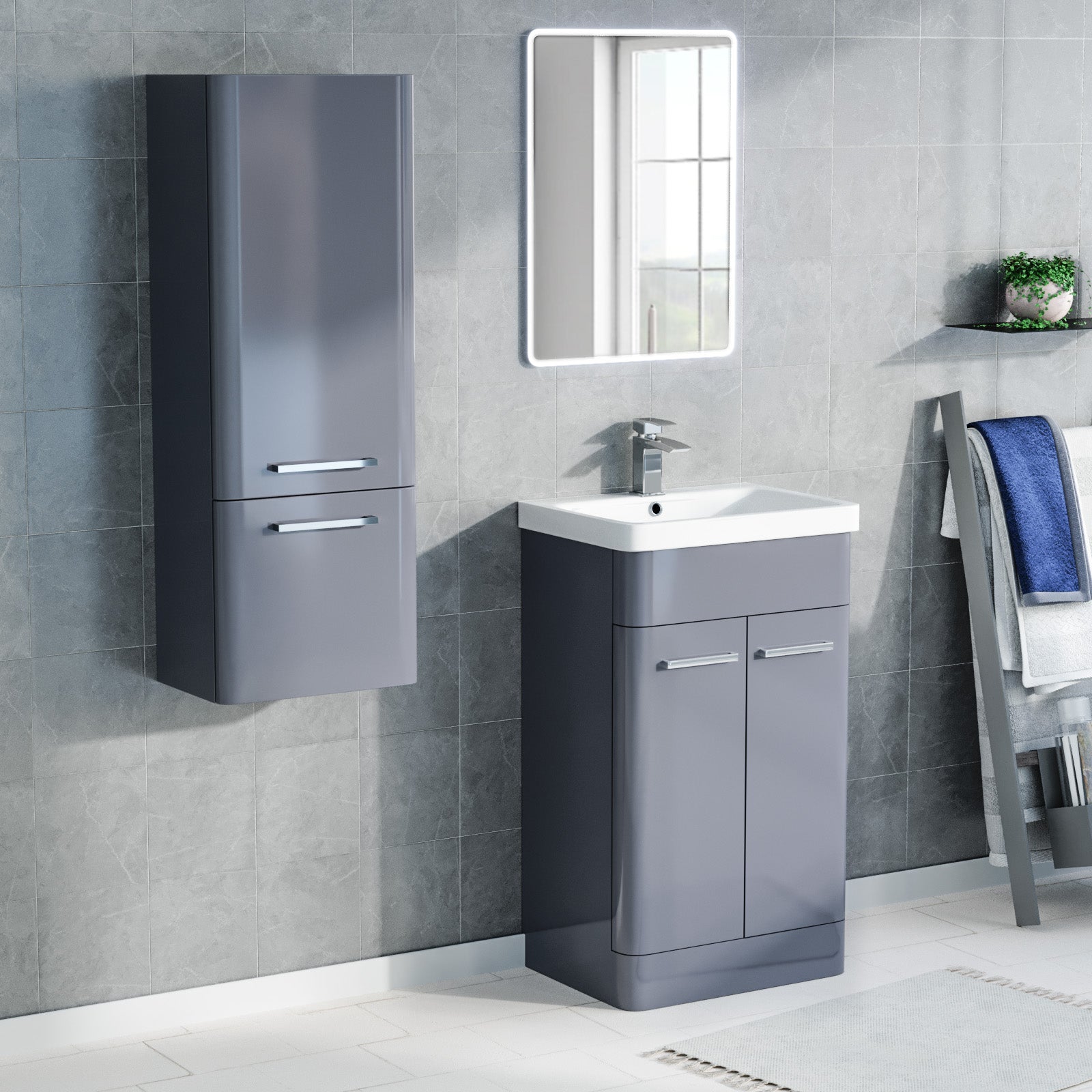 Afern 500mm Freestanding Grey Basin Vanity & 350mm Wall Hung Tall Cabinet Set