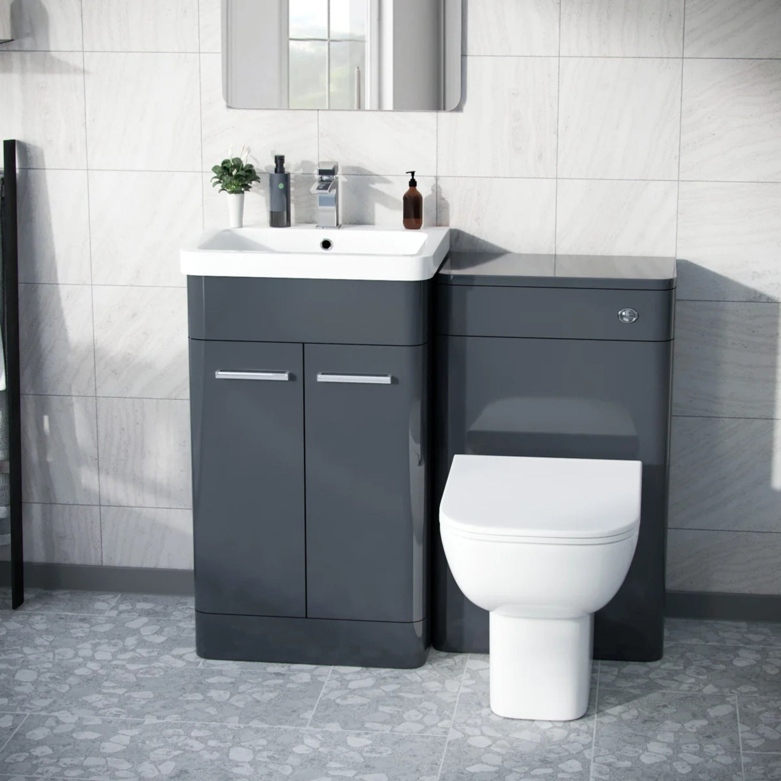 Afern Anthracite 500mm Basin Vanity WC Unit & Rimless Back to Wall Toilet