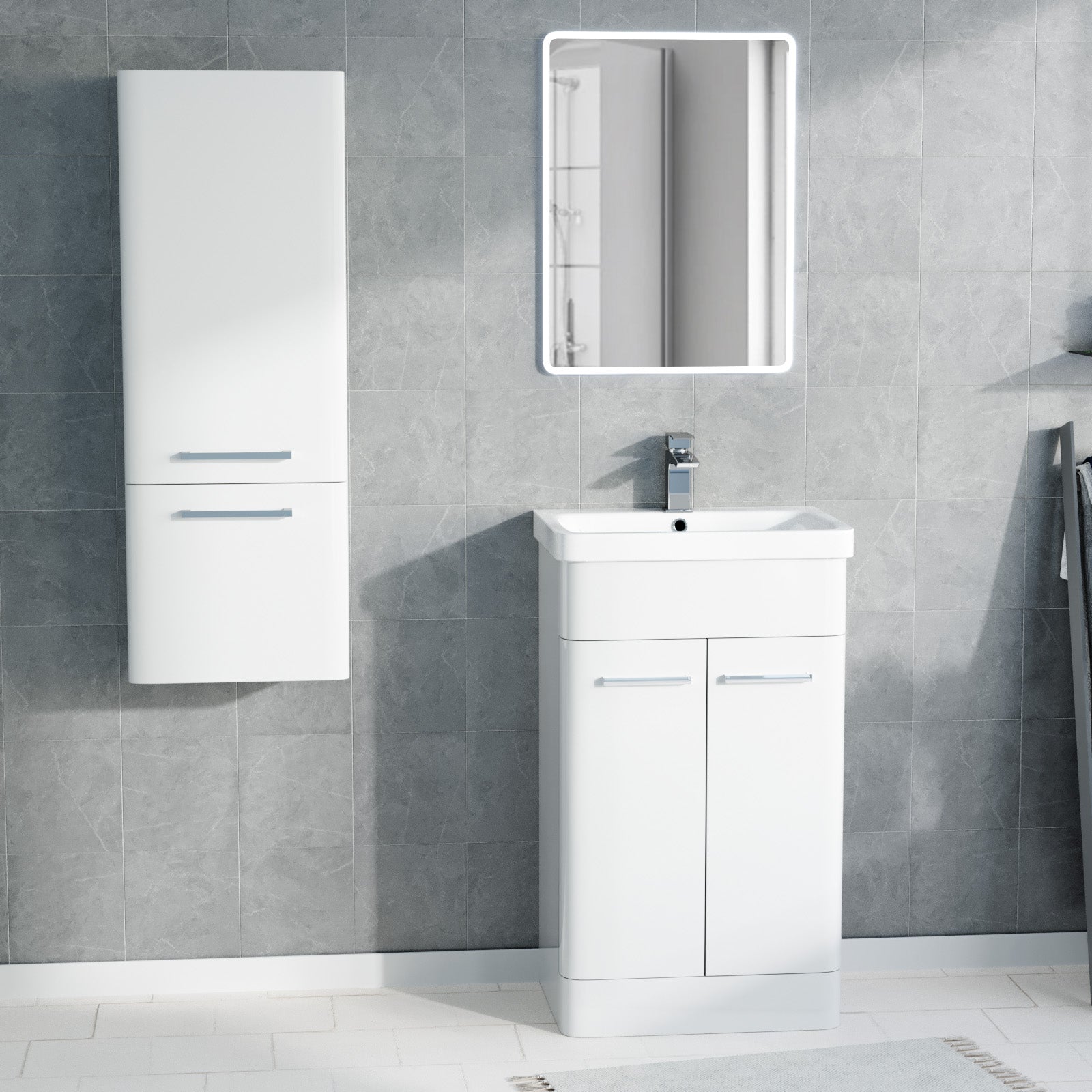 Afern 500mm Freestanding White Basin Vanity & 350mm Wall Hung Tall Cabinet