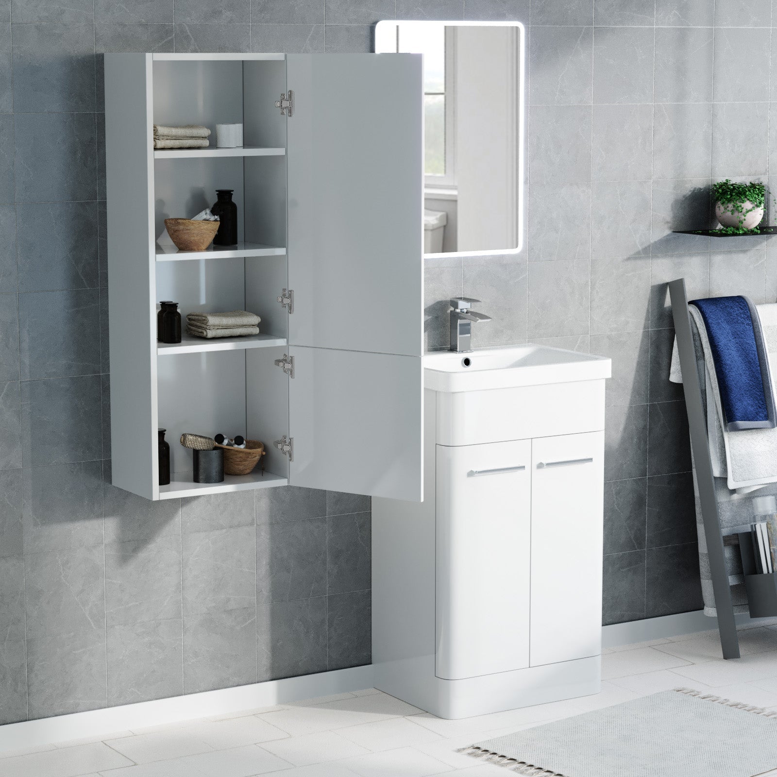 Afern 500mm Freestanding White Basin Vanity & 350mm Wall Hung Tall Cabinet