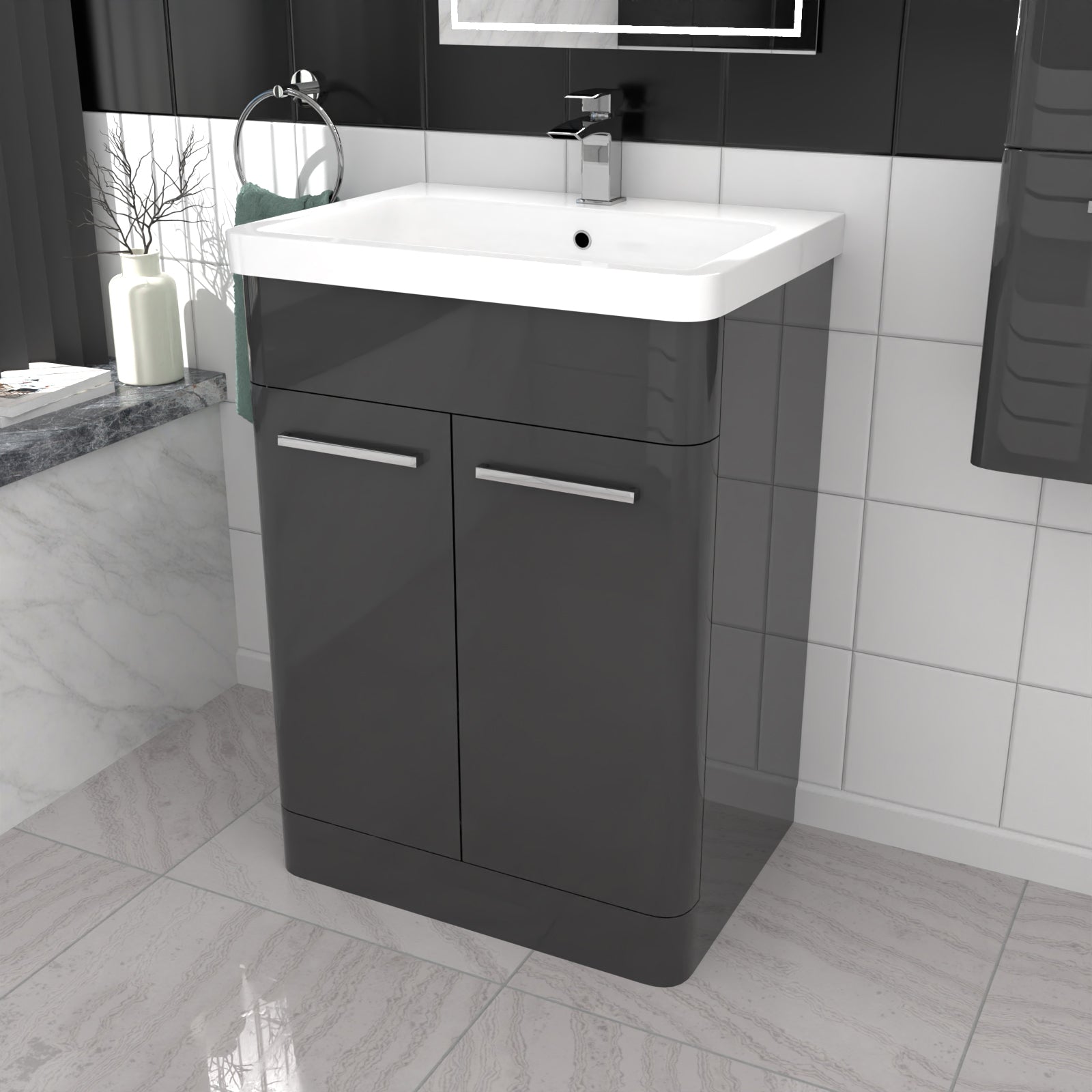 Afern 600mm Freestanding Dark Grey Basin Vanity & 350mm Wall Hung Cabinet