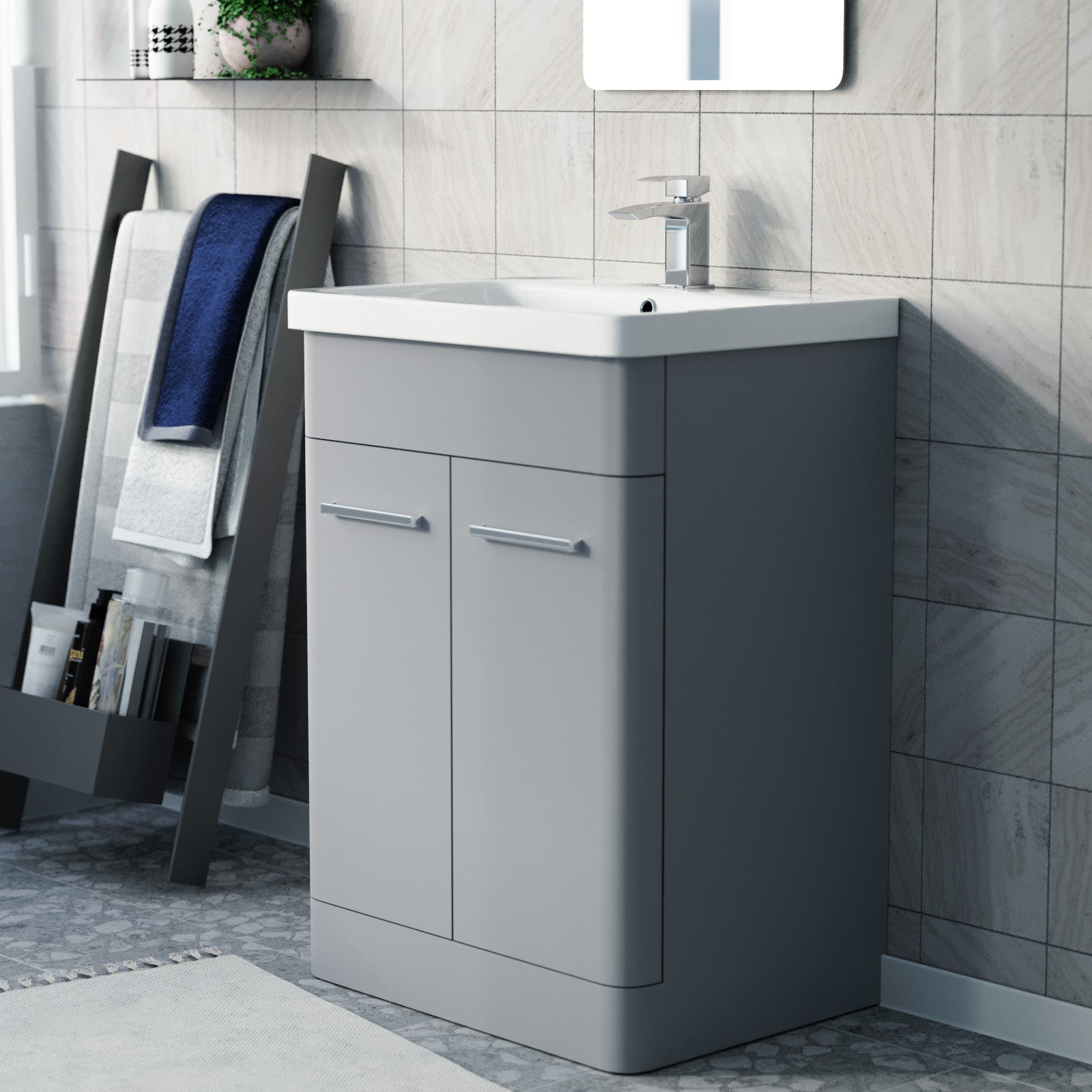 Afern 600mm Freestanding Vanity Unit Cabinet & Wash Basin Matte Grey Flat Pack