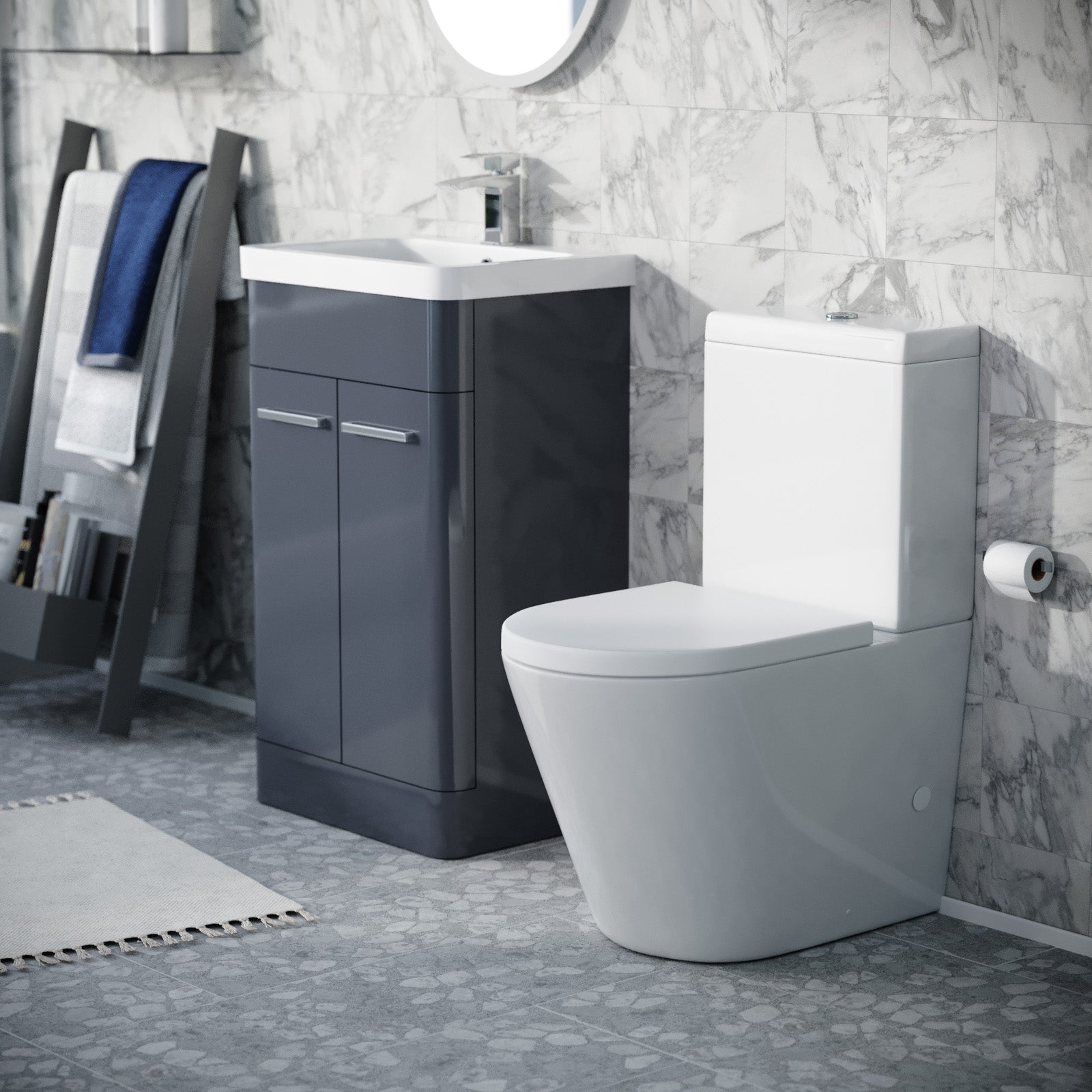 Afern Steel Grey Vanity Basin Unit & Rimless Close Coupled Toilet