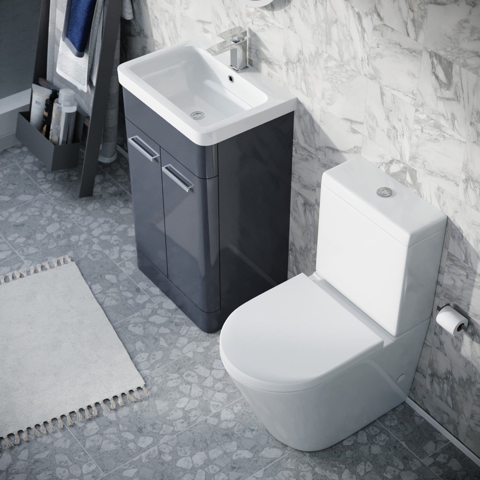 Afern Steel Grey Vanity Basin Unit & Rimless Close Coupled Toilet