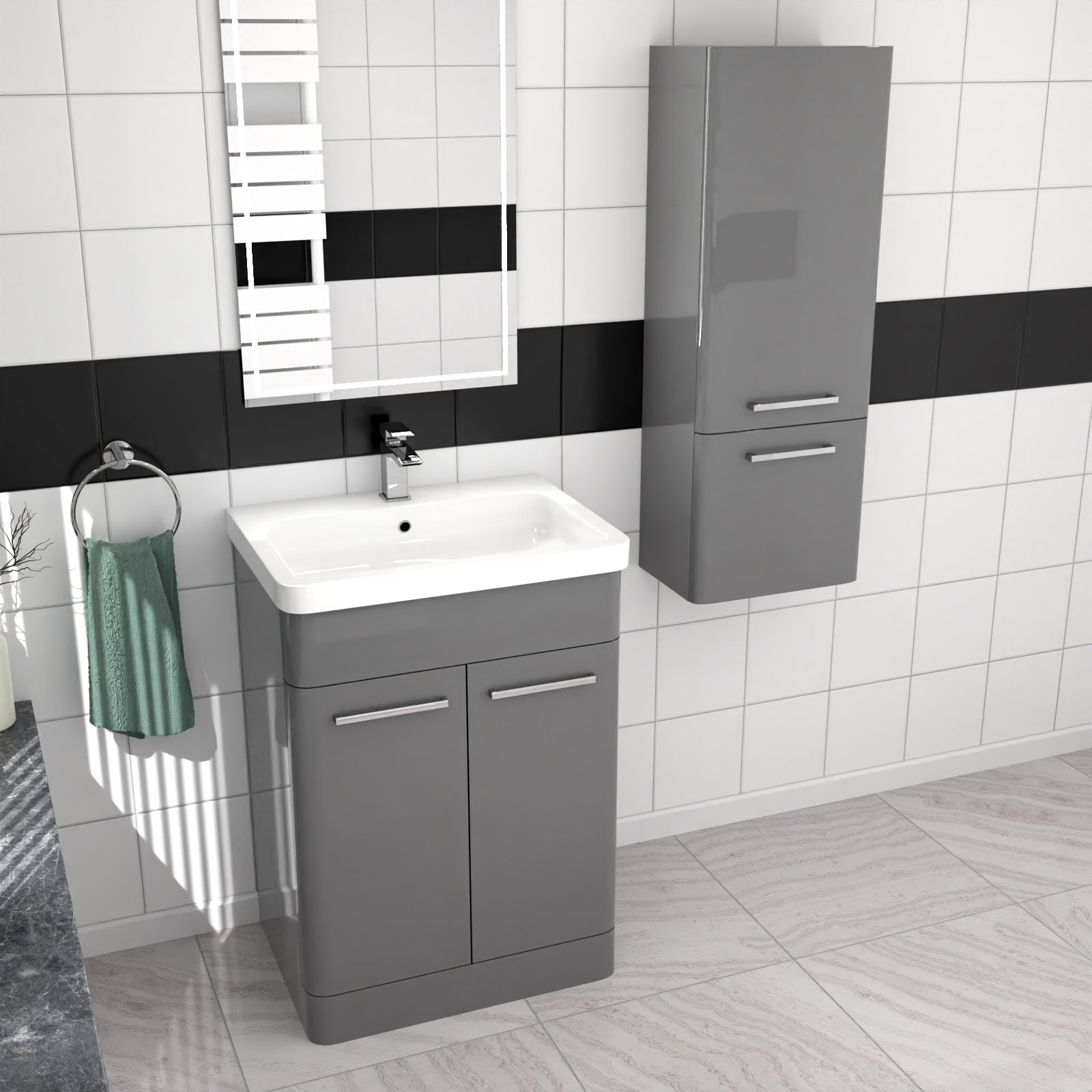 Afern 600mm Freestanding Grey Basin Vanity & 350mm Wall Hung Tall Cabinet Set