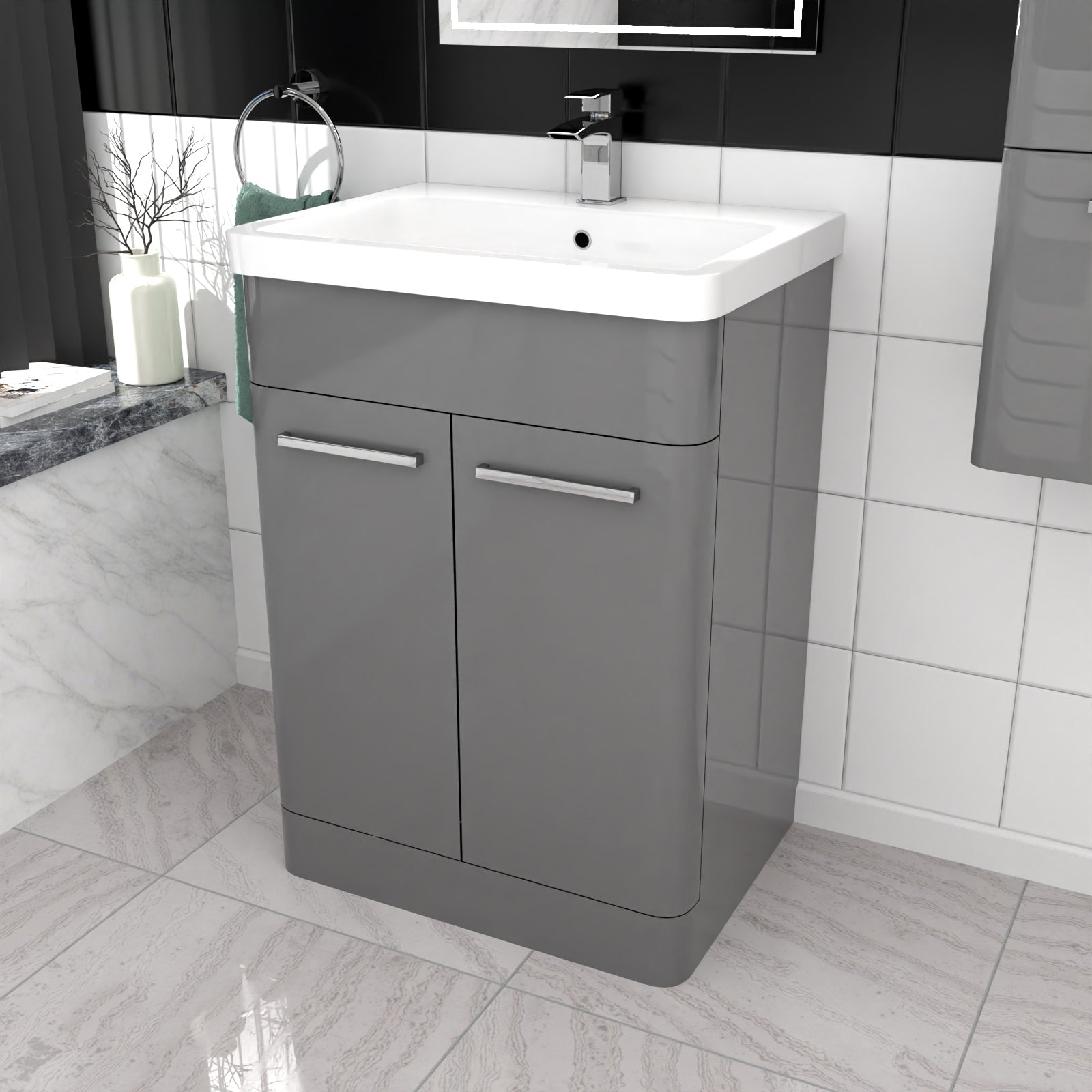 Afern 600mm Freestanding Grey Basin Vanity & 350mm Wall Hung Tall Cabinet Set