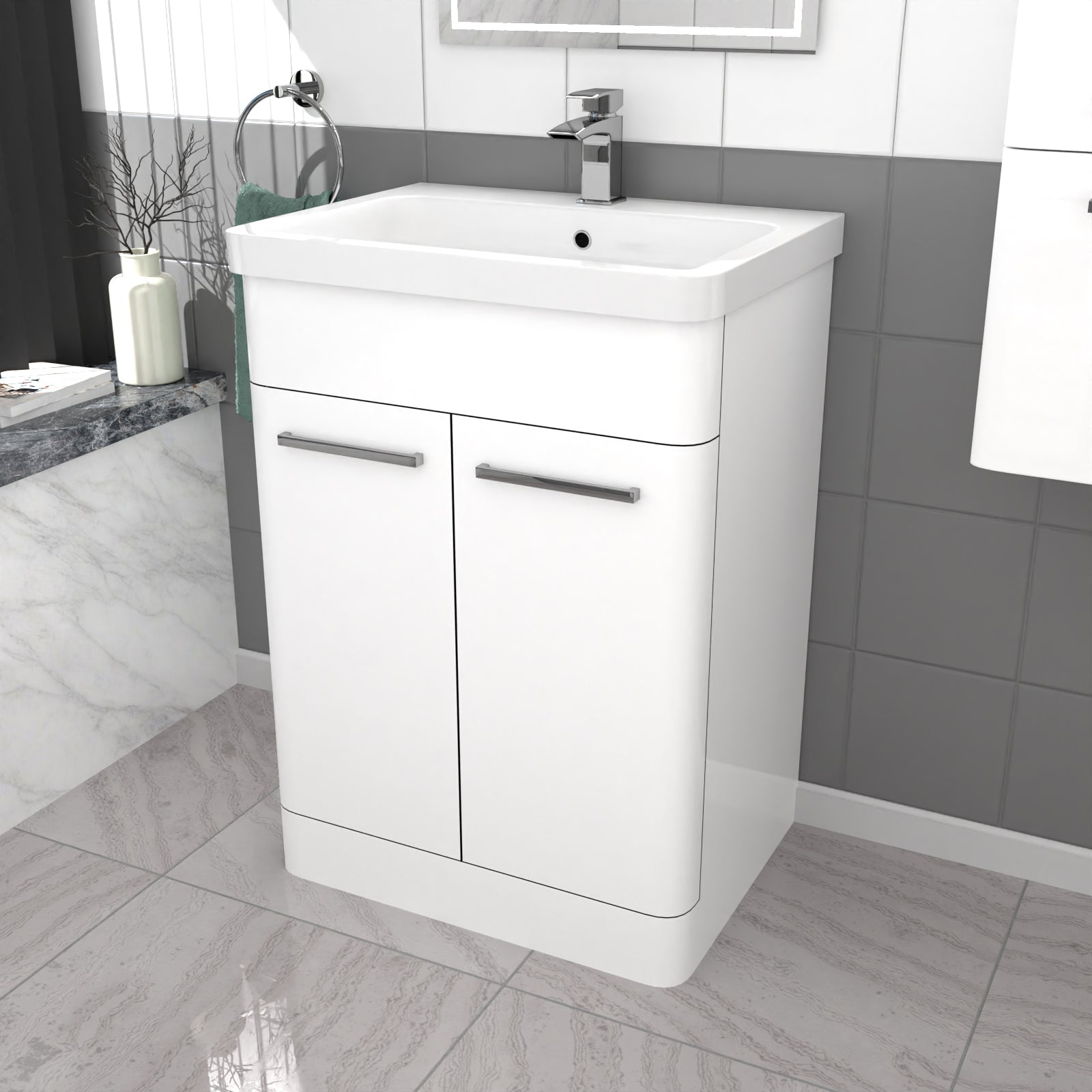 Afern 600mm Freestanding White Basin Vanity & 350mm Wall Hung Cabinet