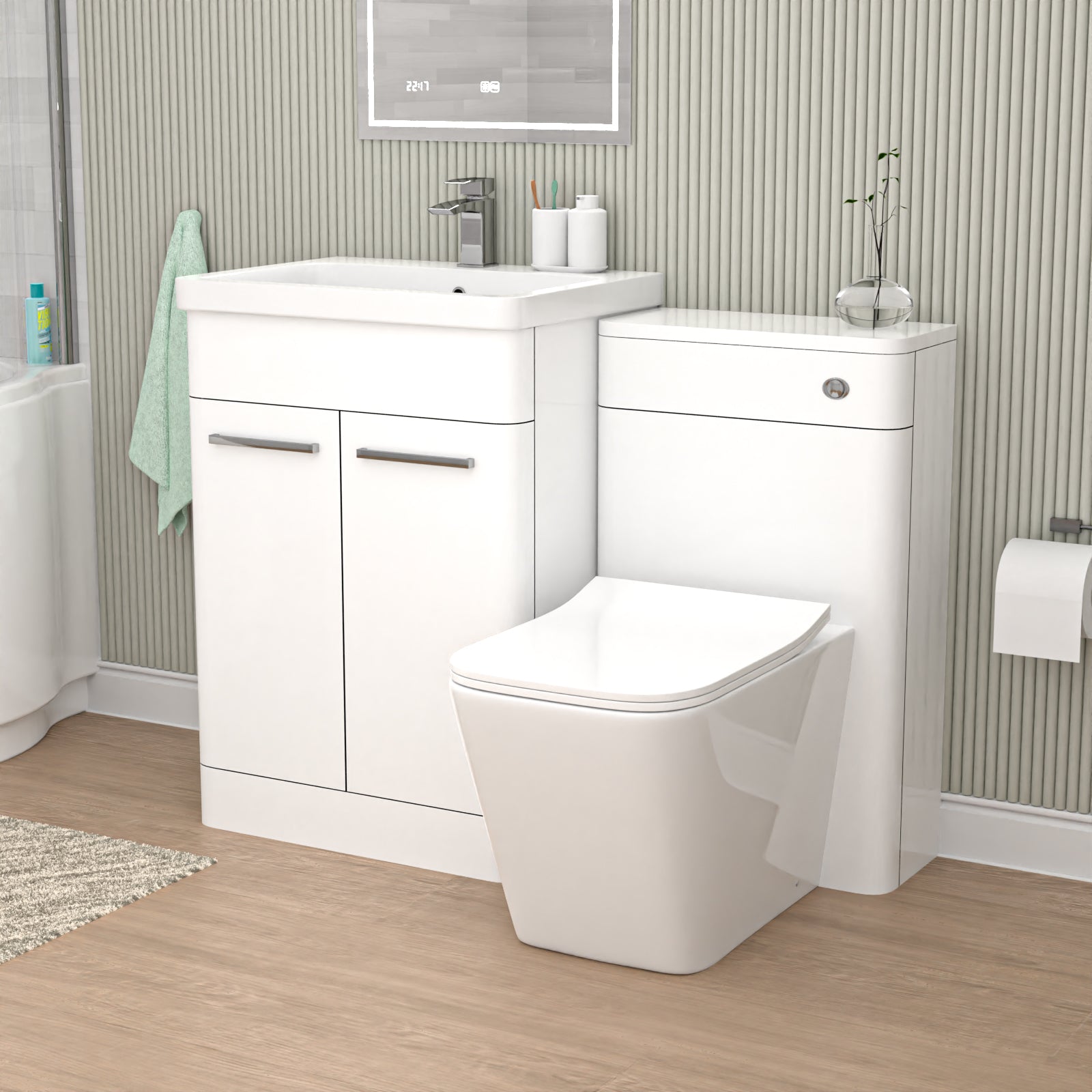 Afern White 1100mm Freestanding Basin Cabinet, WC Unit and Square BTW Toilet