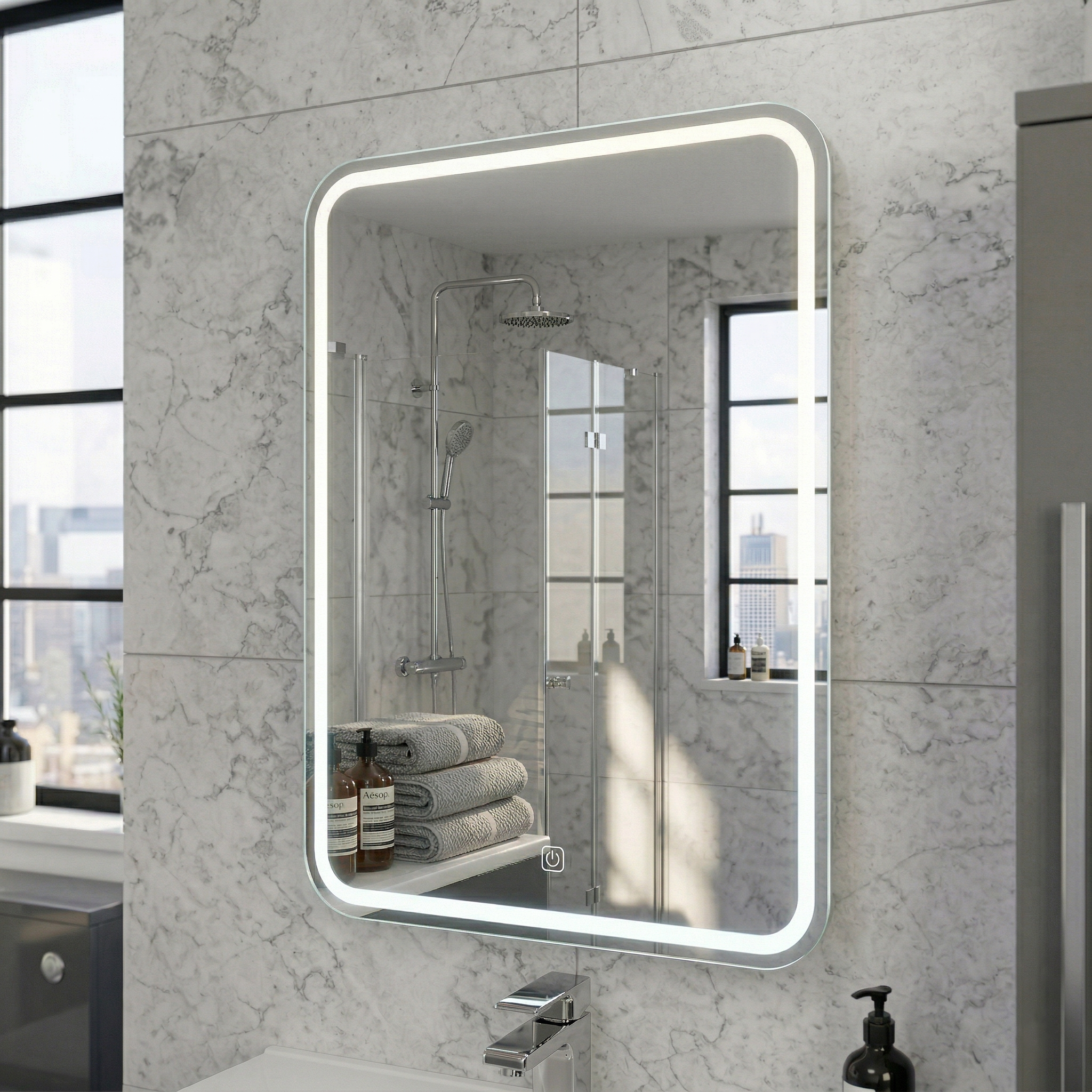 Kartell Alder 500mm W x 700mm H Rectangle Chrome Frameless Front Lid LED Mirror Wall Mounted - AL5070