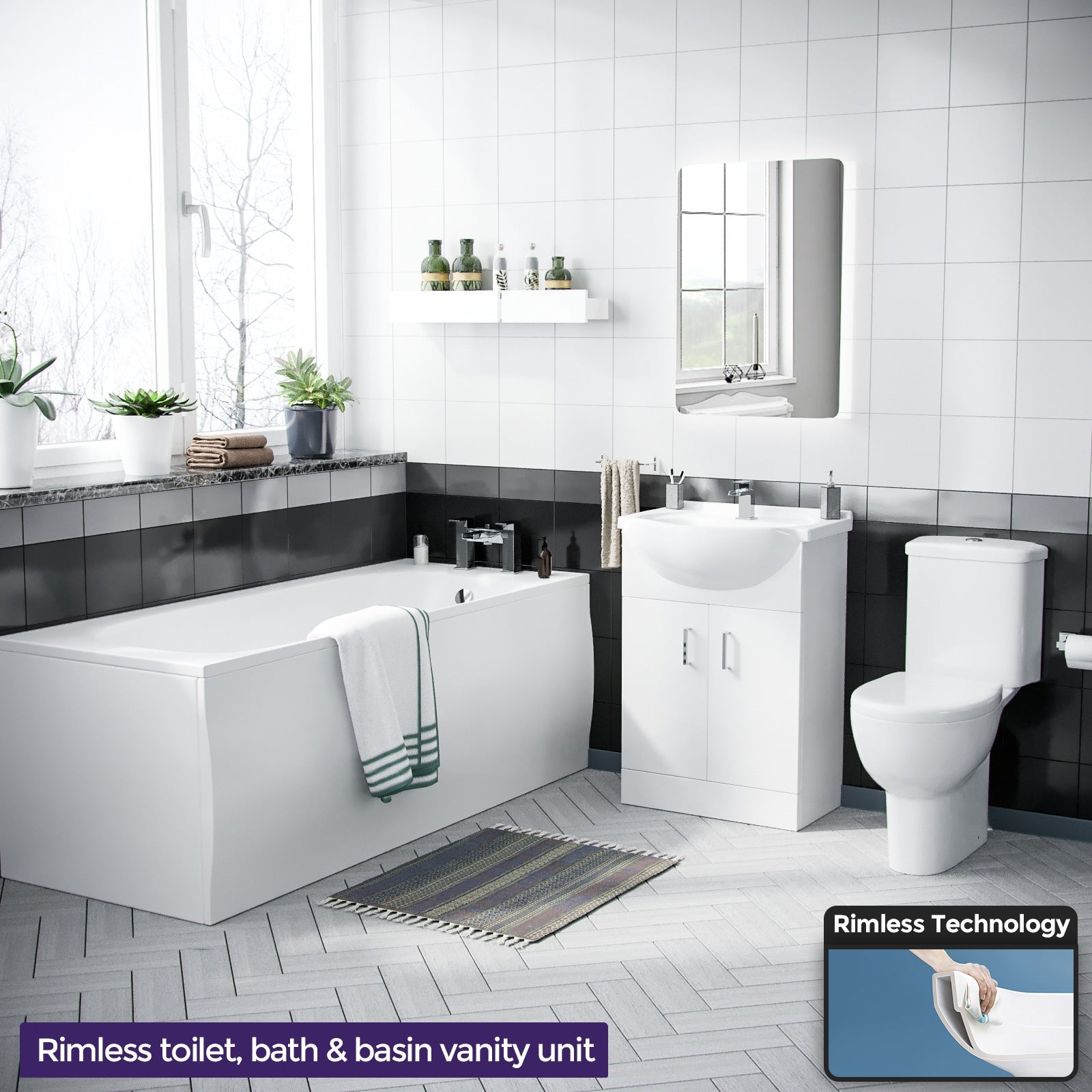 Ellen Bath Suite 1700mm Flat Pack Vanity Unit & Close Coupled WC Toilet Cistern & Seat