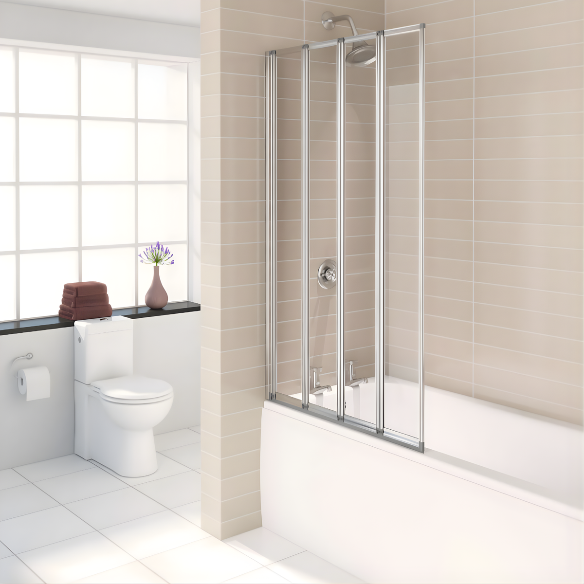 Kartell Aqualux 840mm W x 1400mm H Polished Silver 4 Fold 3mm Bath Screen - AQ4FSLV