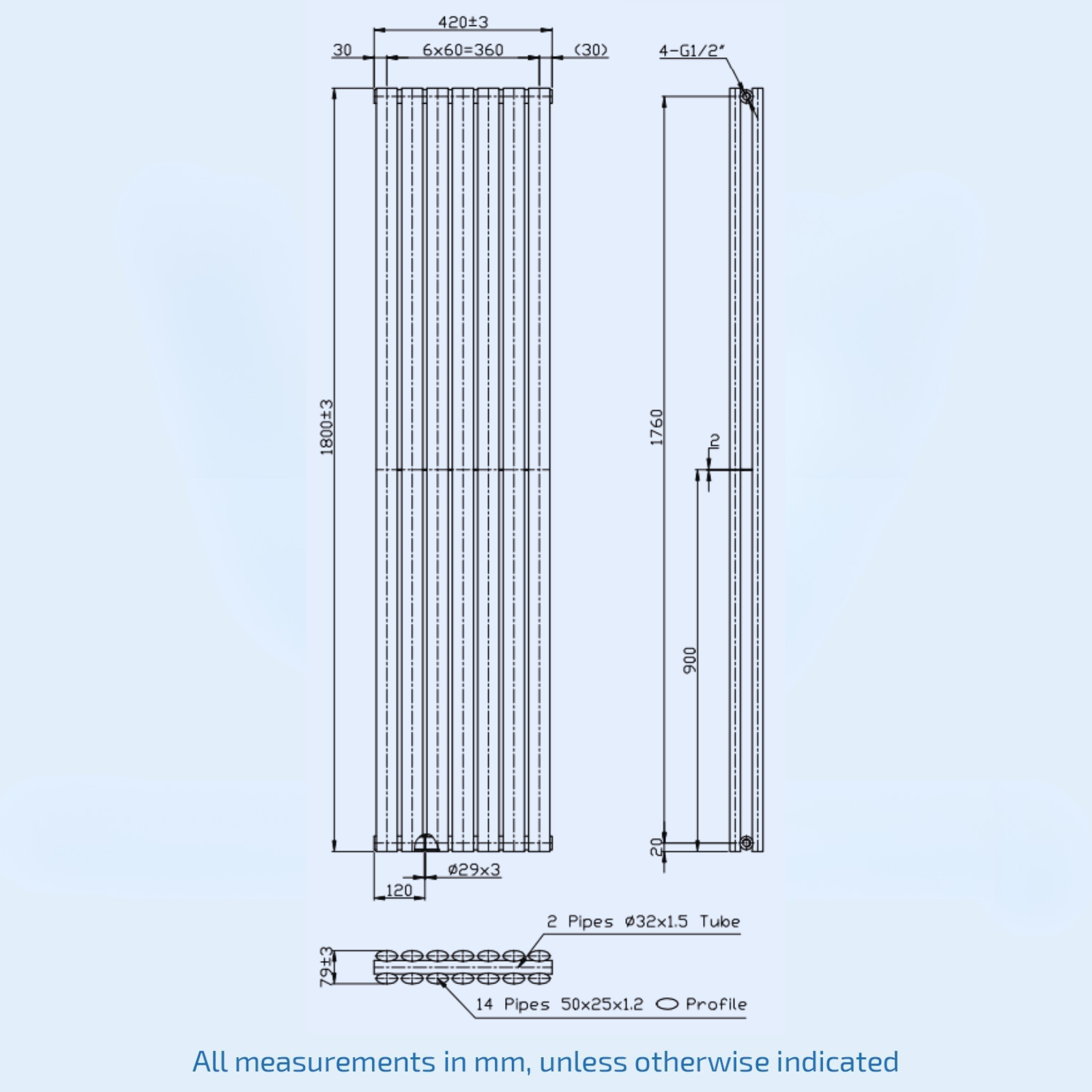Kartell Aspen Vertical Double 1800mm H x 420mm W Textured Grey Vertical Designer Radiator - ASP18-43VDA