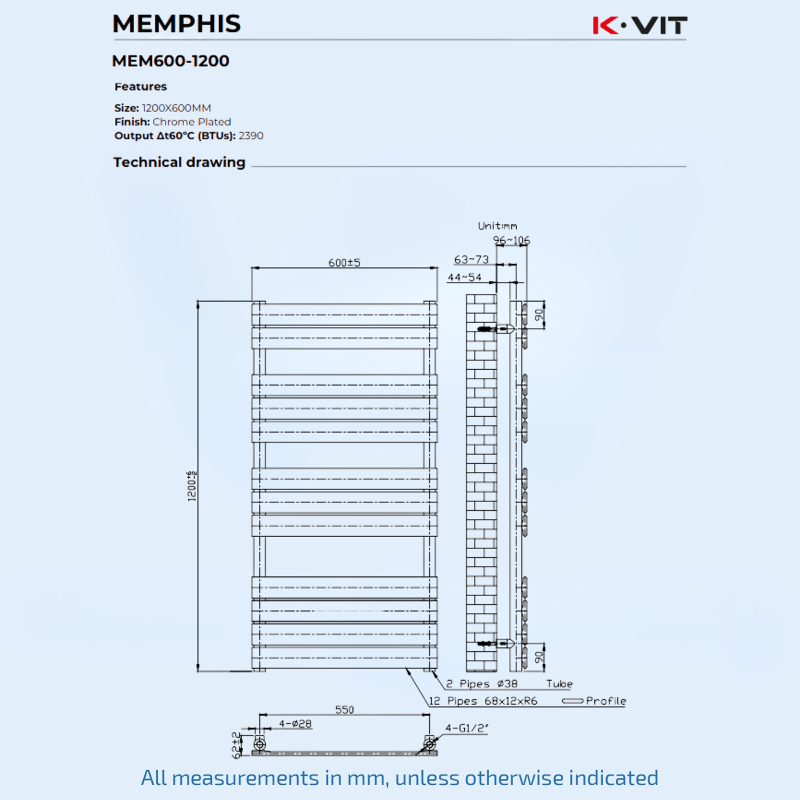 Kartell Memphis 1200mm H x600mm W Chrome Vertical Designer Towel Rail - MEM600-1200