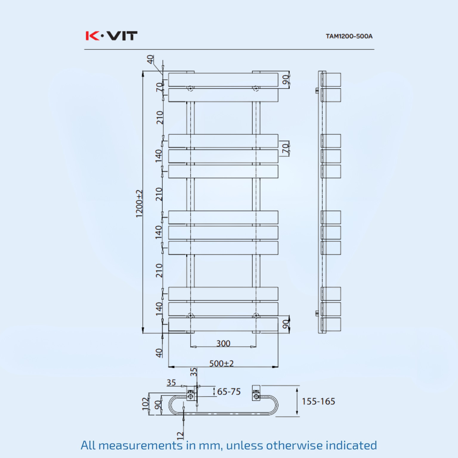 Kartell Tampa 1200mm H x 500mm W Anthracite Vertical Towel Rail - TAM1200-500A