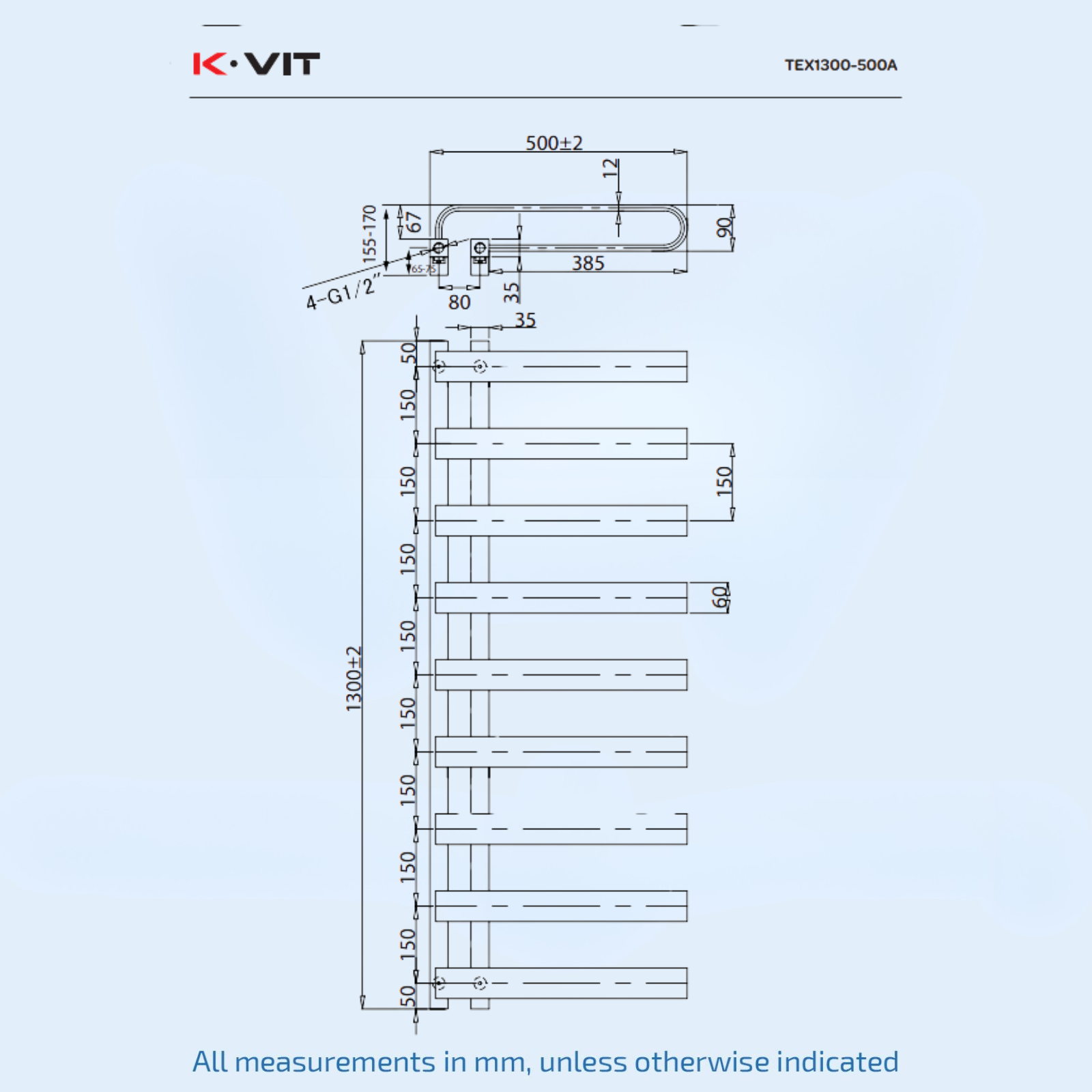 Kartell Texas 1300mm H x 500mm W Anthracite Vertical Towel Rail - TEX1300-500A