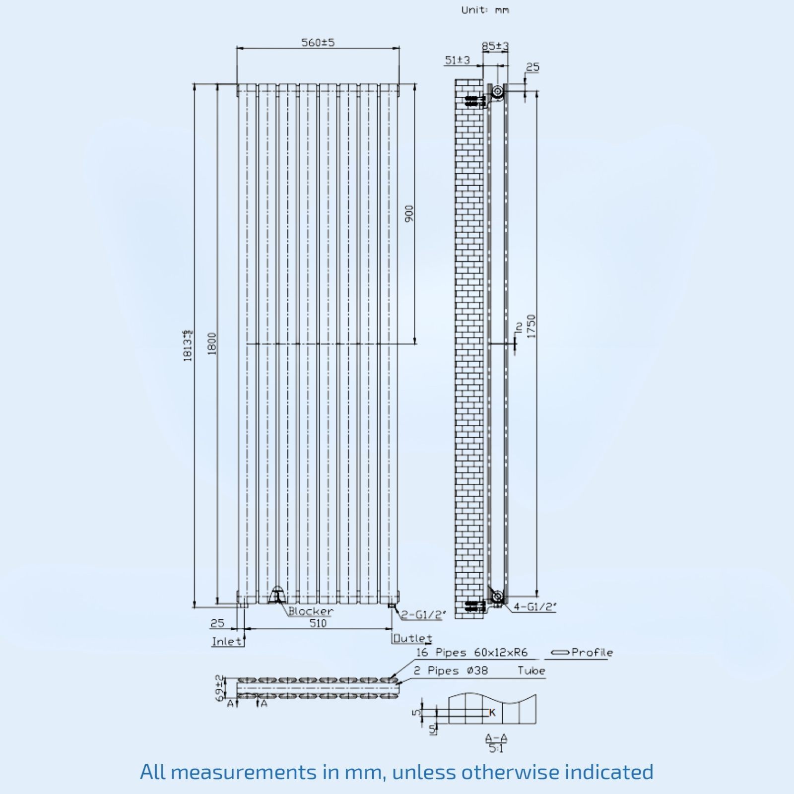 Kartell Boston Double 1800mm H x 560mm W Anthracite Vertical Designer Radiator - BOS1800-550DA