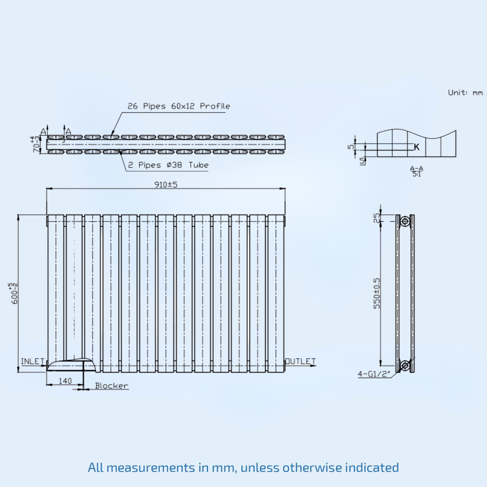 Kartell Boston Double 600mm H x 910mm W White Horizontal Designer Radiator - BOS60-91DW