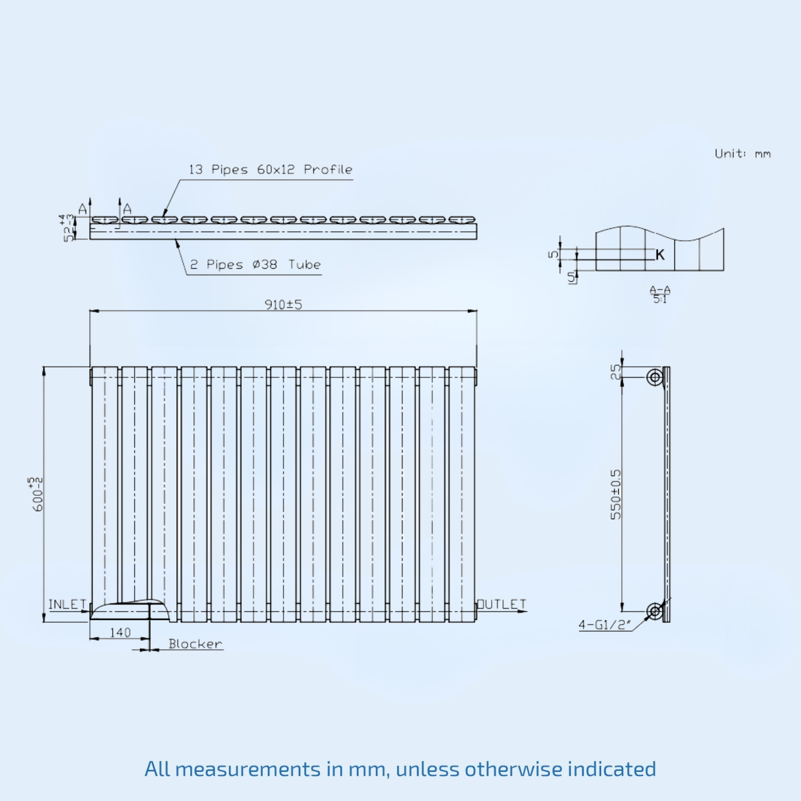 Kartell Boston Single 600mm H x 910mm W Textured Grey Horizontal Designer Radiator - BOS60-91SA