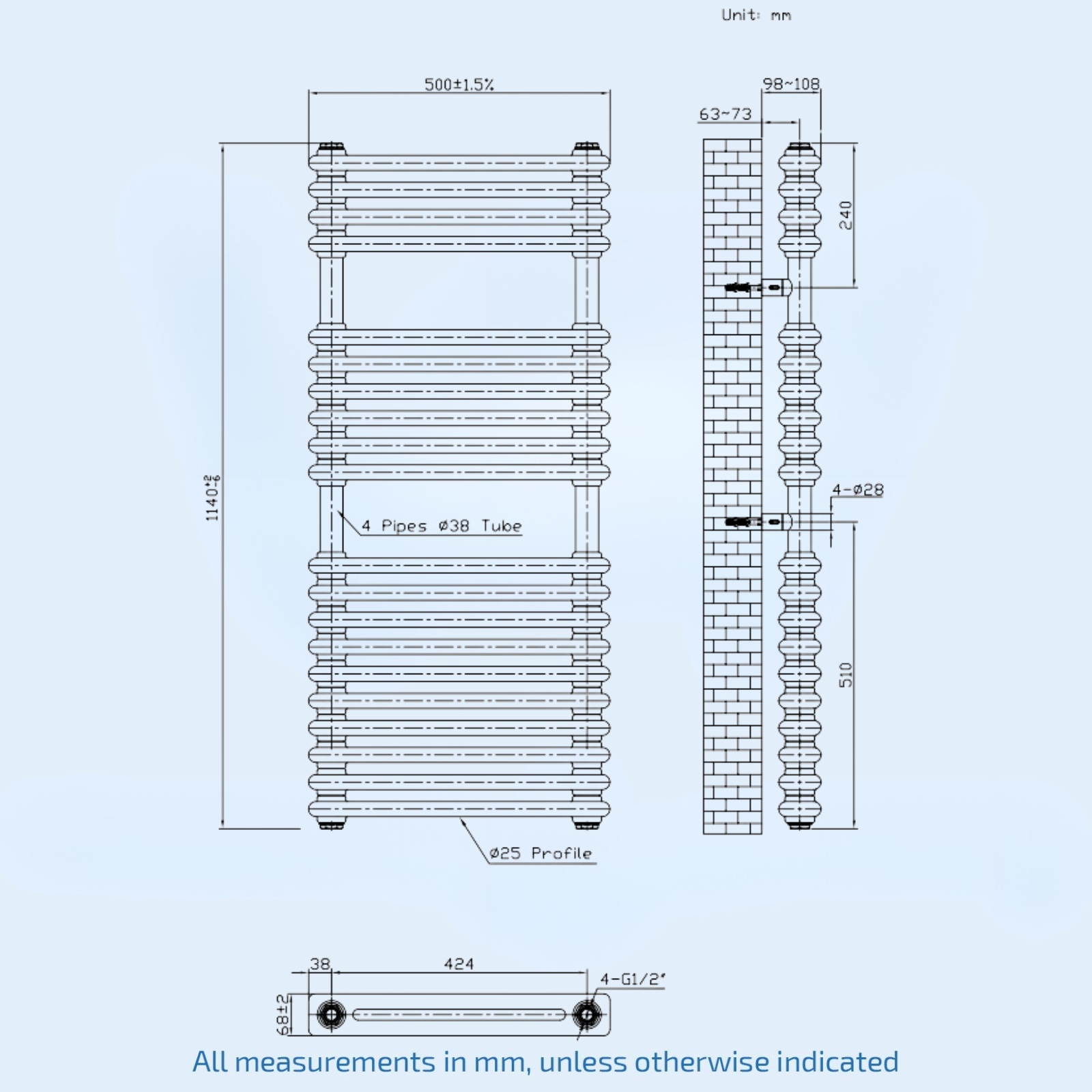 Kartell Kolumn Dual Column 1140mm H x 500mm W White Vertical Towel Radiator - KOL1140-500WT