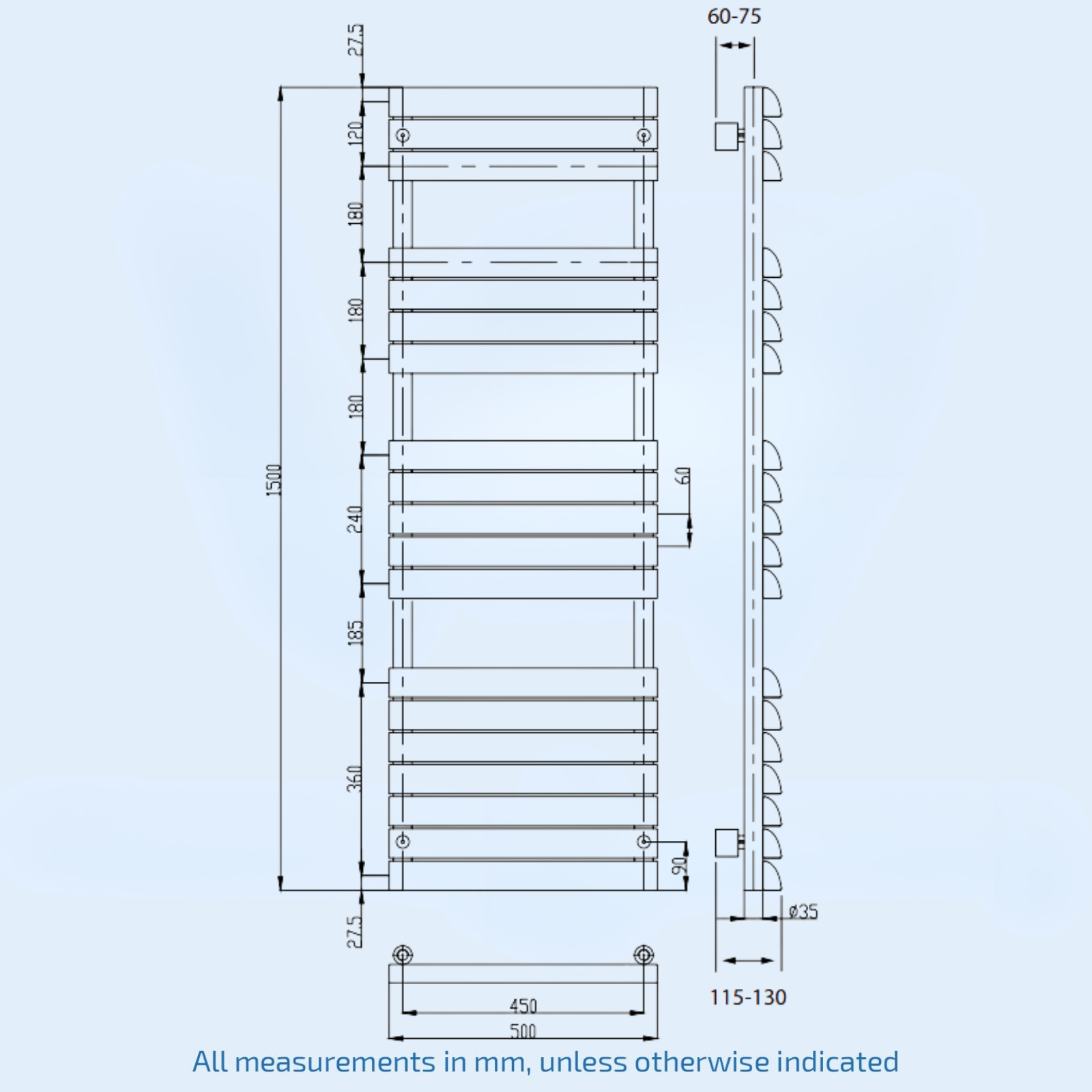 Kartell Venetian 1500mm H x 500mm W Anthracite Vertical Towel Rail - VEN1500-500A