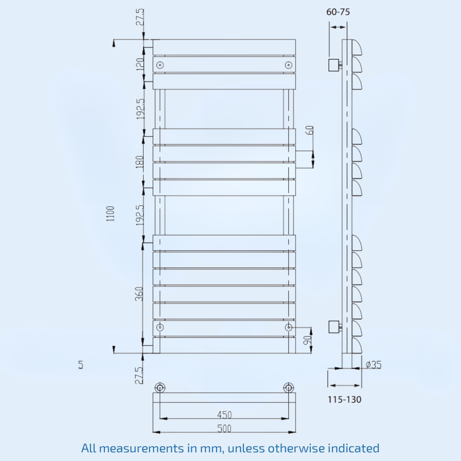 Kartell Venetian 1100mm H x 500mm W Anthracite Vertical Towel Rail - VEN1100-500A