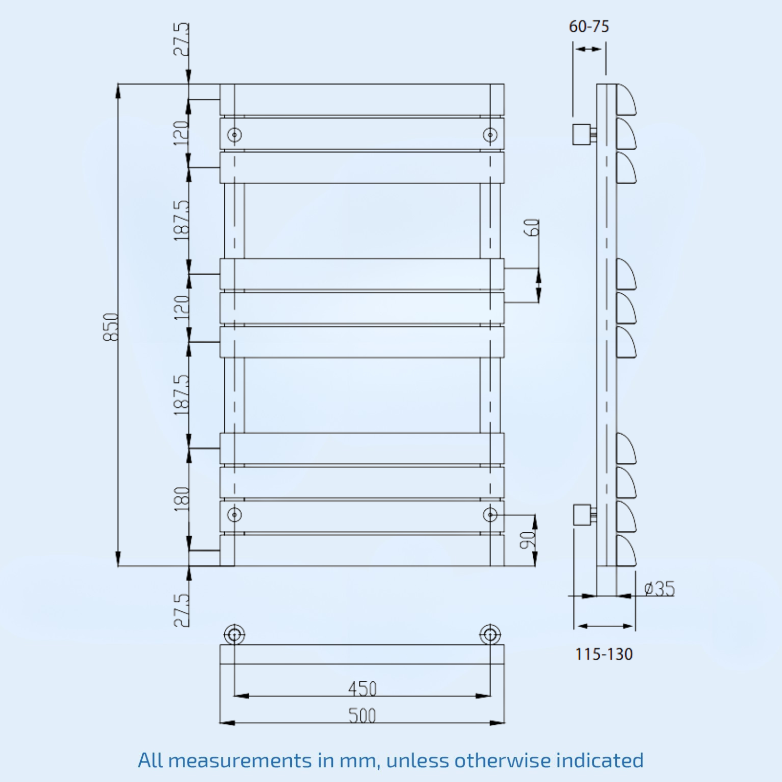 Kartell Venetian 850mm H x 500mm W Anthracite Vertical Towel Rail - VEN850-500A